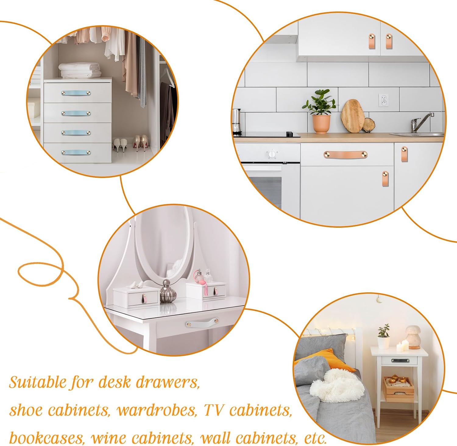 Paquete de 4 tiradores de cuero para cajones, color beige, pomos de puerta de armario de 3.7 pulgadas, tiradores de cuero para tocador, armario,