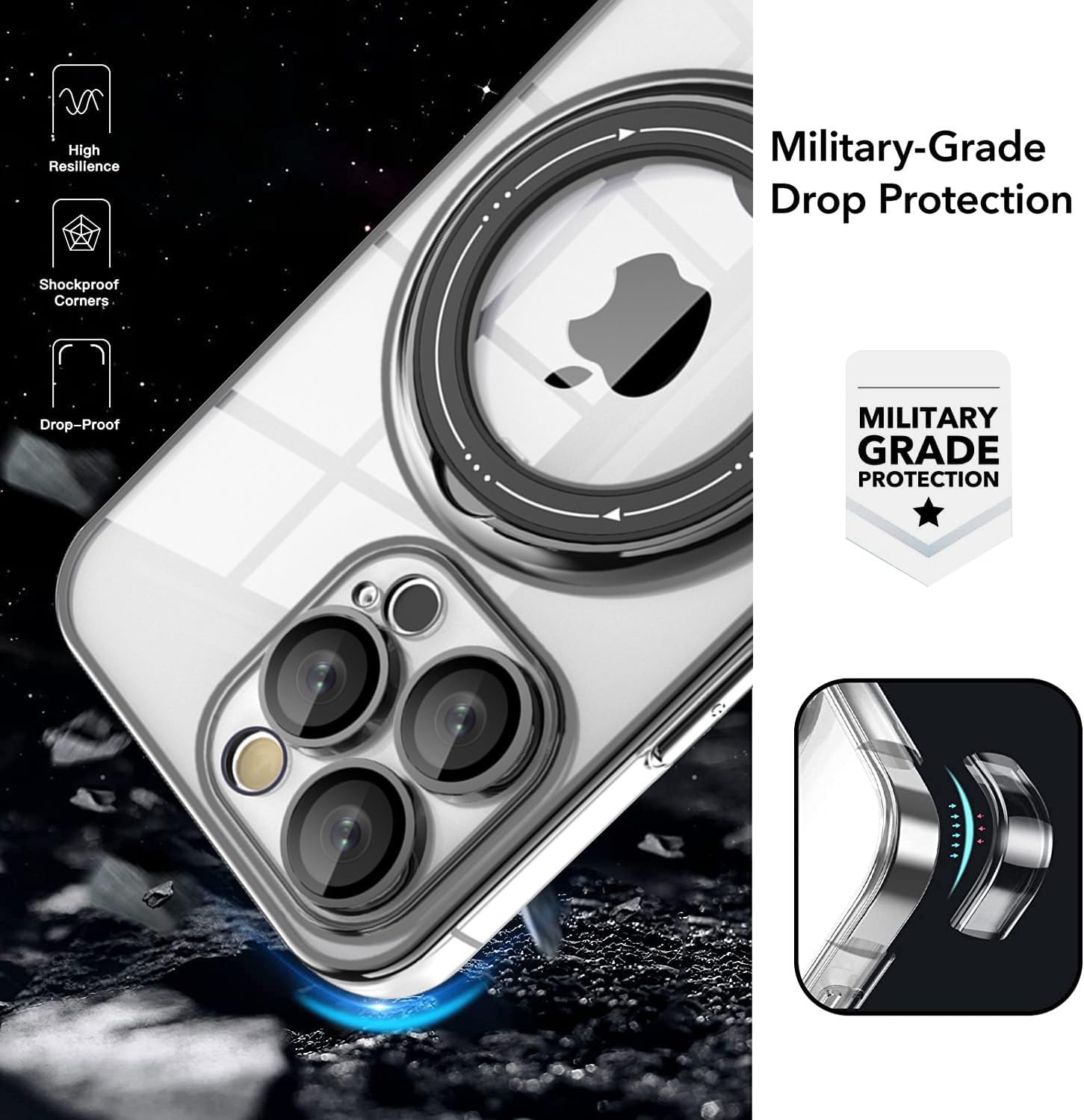 Funda para iPhone 12 Pro compatible con MagSafe soporte de anillo giratorio de 360 con soporte invisible, funda protectora delgada transparente a