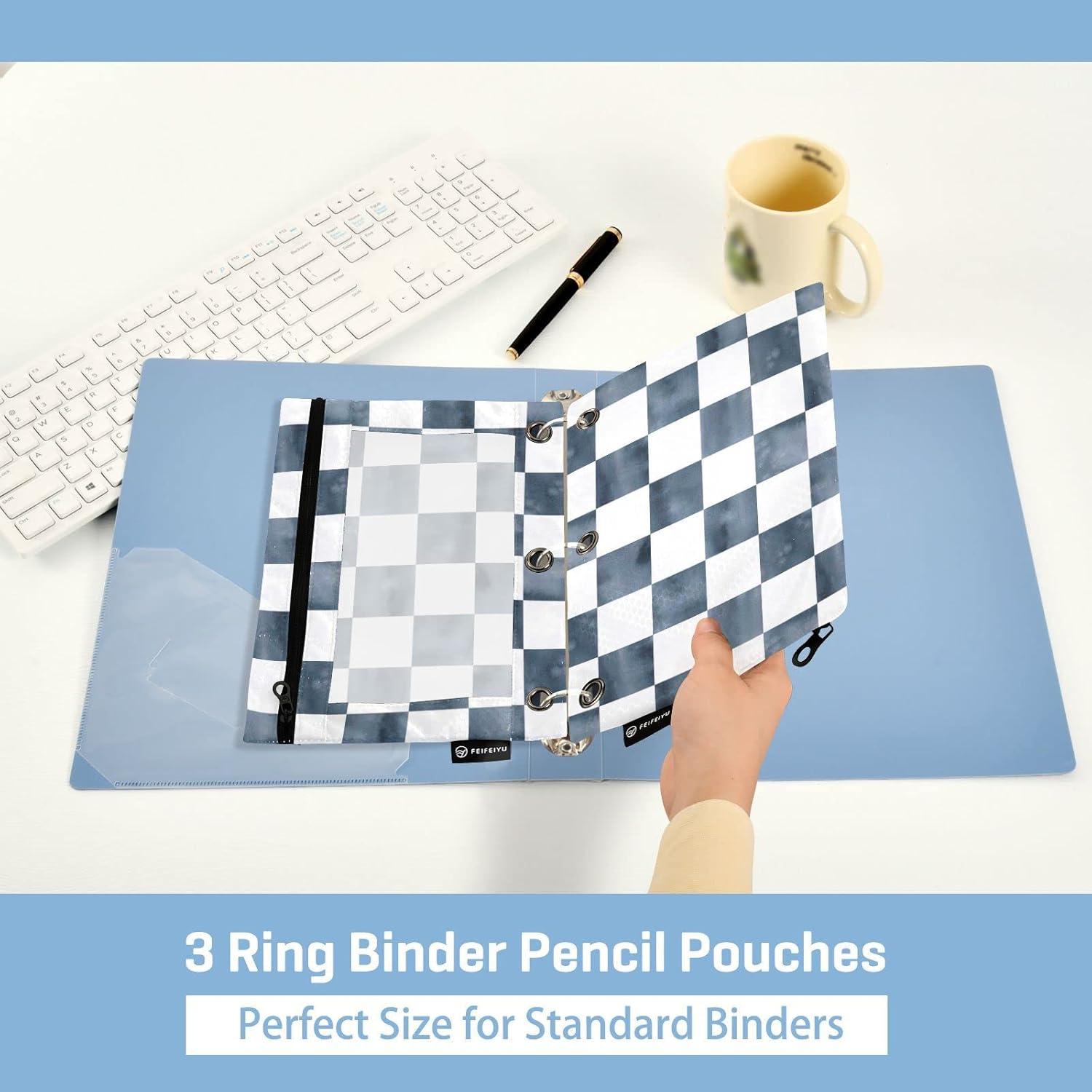 Bolsas para carpetas, bolsa para lápices de tablero de ajedrez de mármol gris para carpeta de 3 anillos, paquete de 2 bolsas transparentes con