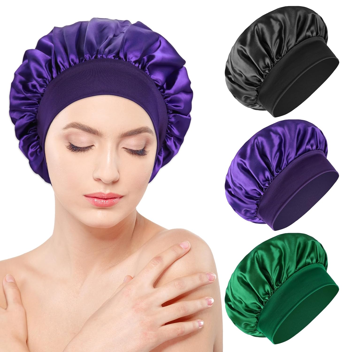 Capó de seda para cabello rizado, Negro+verde+púrpura