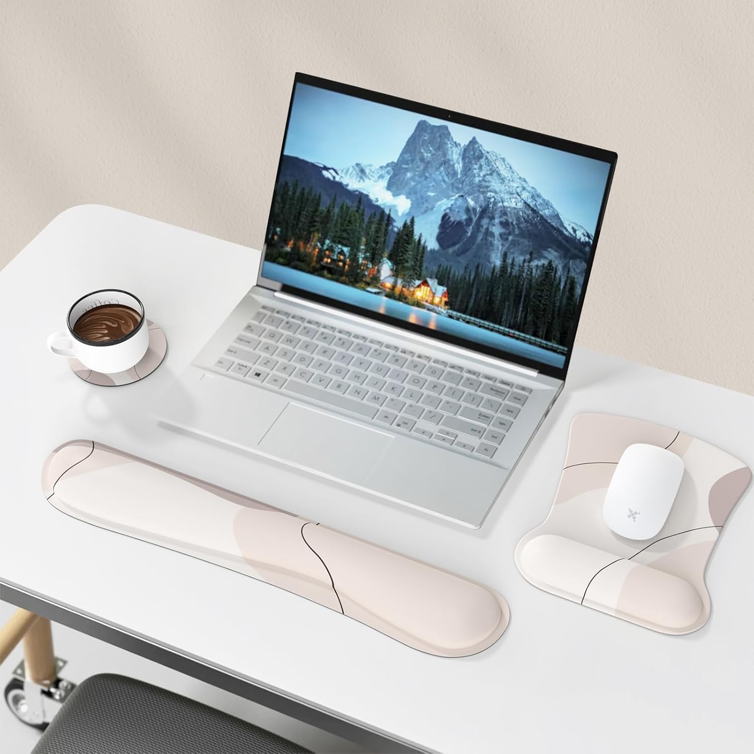 iCasso Reposamuñecas 3 en 1 para teclado + reposamuñecas para mouse + posavasos, base de goma antideslizante, bonita alfombrilla para mouse fácil de