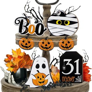 Decoración de bandeja escalonada de Halloween, decoraciones de bandeja de granja, divertidos letreros de madera de calabaza fantasma, momia Decoración de bandeja escalonada de Halloween, decoraciones de bandeja de granja, divertidos letreros de madera de calabaza fantasma, momia