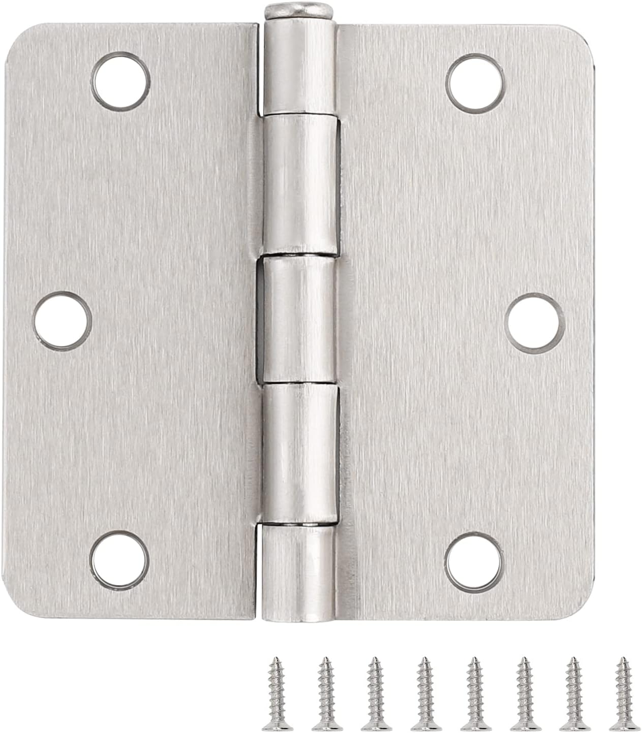Knobonly Bisagras de puerta de níquel cepillado de 3.5 x 3.5 pulgadas con esquinas redondeadas de radio de 14 pulgadas, paquete de 6