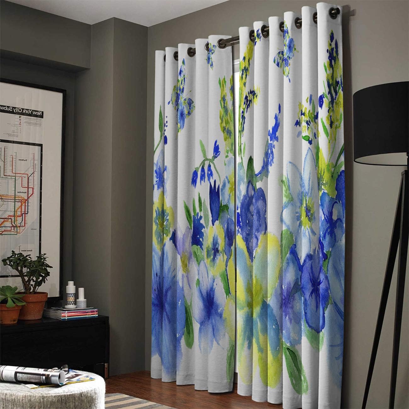 Blackout Curtains Thermal Insulated Watercolor Flower Solid Pattern Metal Grommet Elegant Room Drapes Window Curtain for Bedroom Living Room 52×84