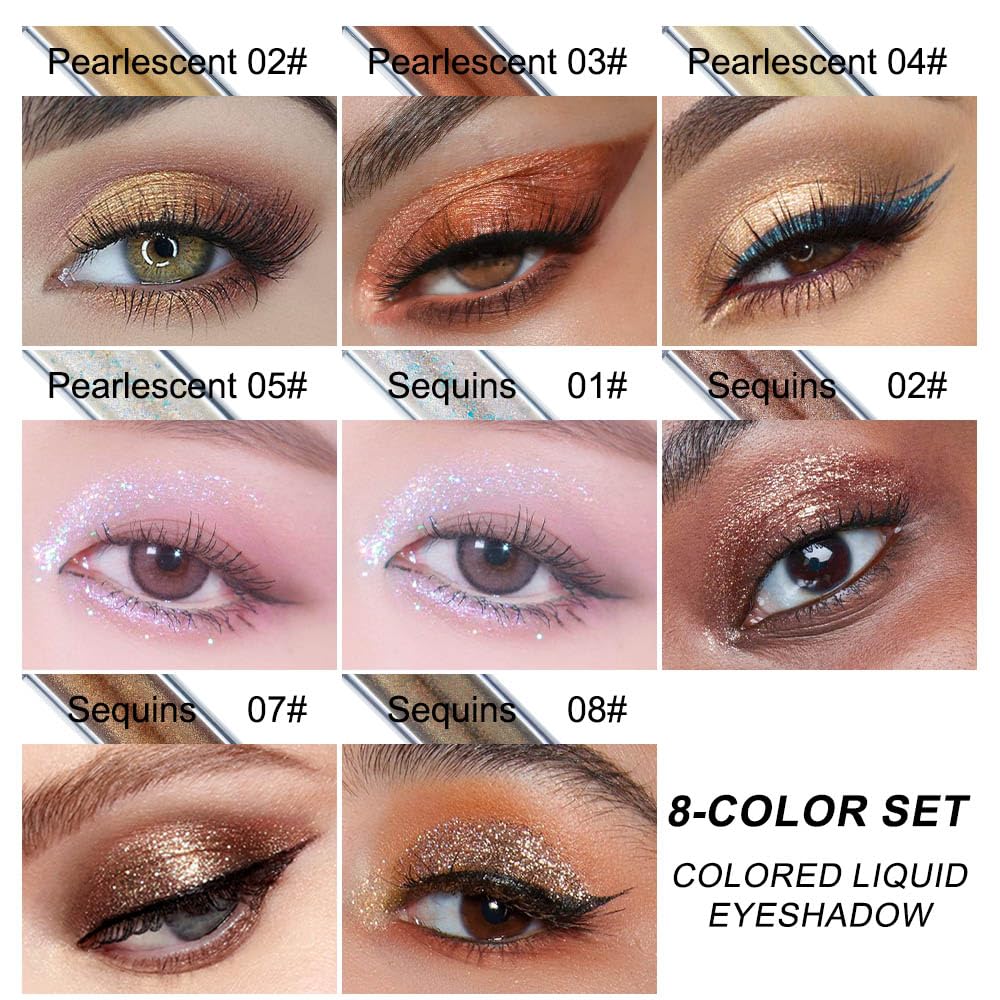 evpct Juego de 8 sombras de ojos líquidas con brillantina, blanco perla, plata, luz oscura, rosa, desierto, moca, beige, marrón, dorado, brillante,