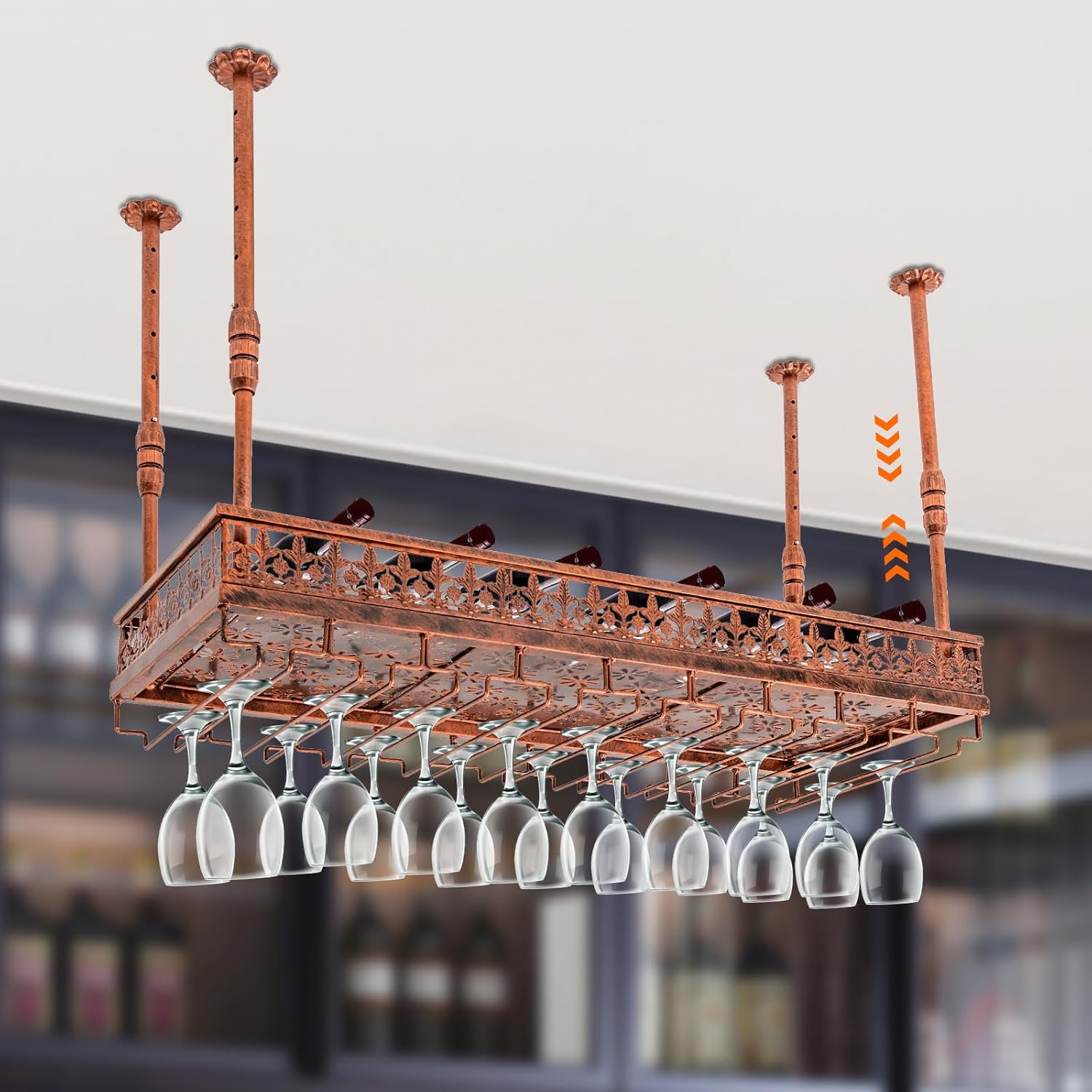 Estante de techo para copas de vino, 35.5 x 14 pulgadas, estante colgante para vino con soporte para vidrio y estante, barra de techo de metal