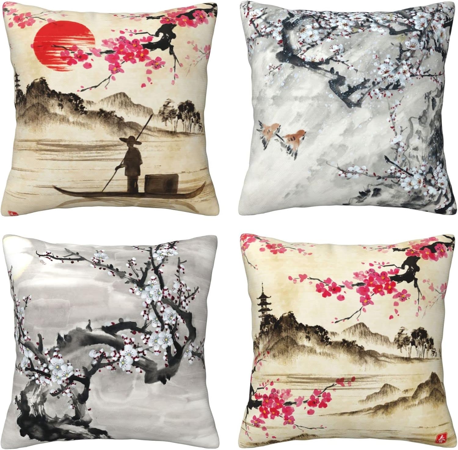 Juego de 4 fundas de almohada vintage japonesas de flor de ciruelo de 12 x 12 pulgadas, retro, tradicional, acuarela, primavera, cerezo, flores,