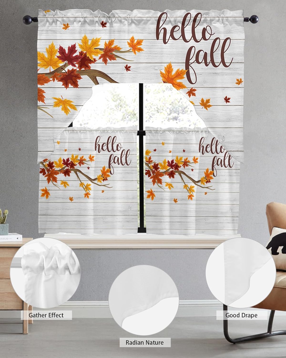 Juego de 3 cortinas y cenefas de cocina, cortinas cortas de otoño con bolsillo para barra, cortinas de ventana de granero de madera para decoración