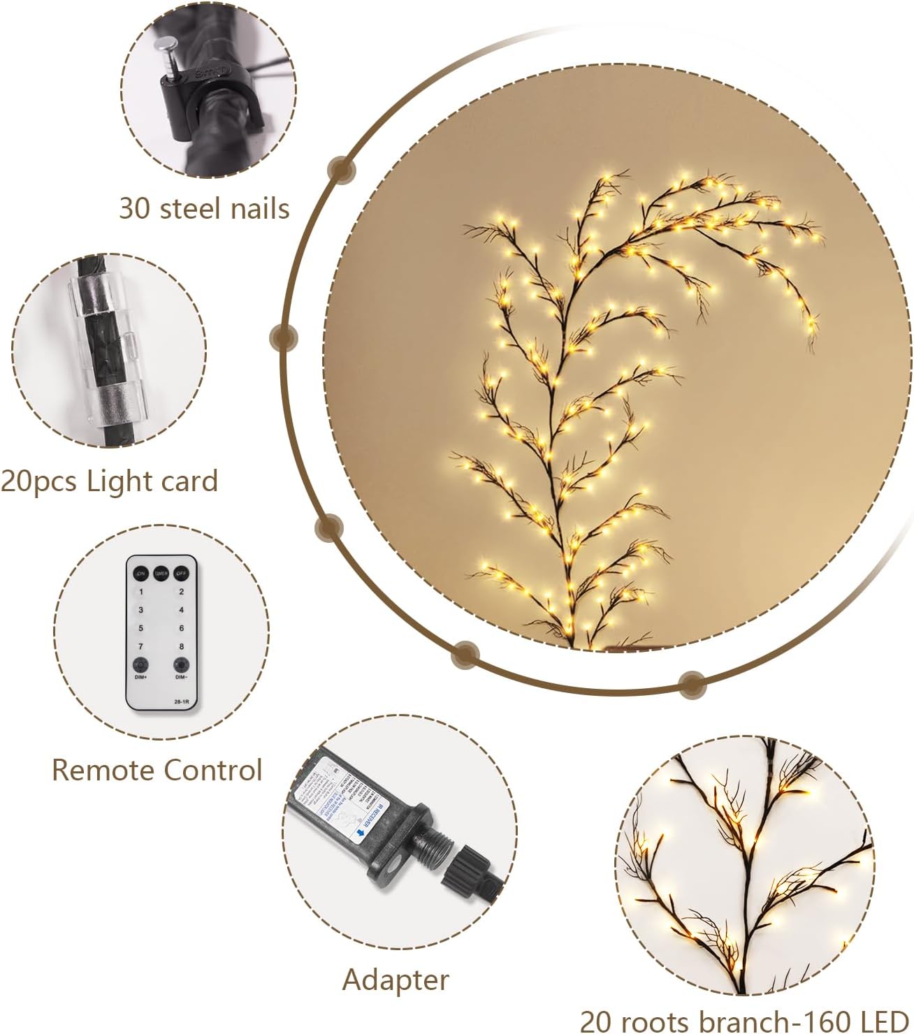 160 luces LED enchufables para decoración de habitación con control remoto, 8 modos y temporizador, luces artificiales de sauce de árbol para