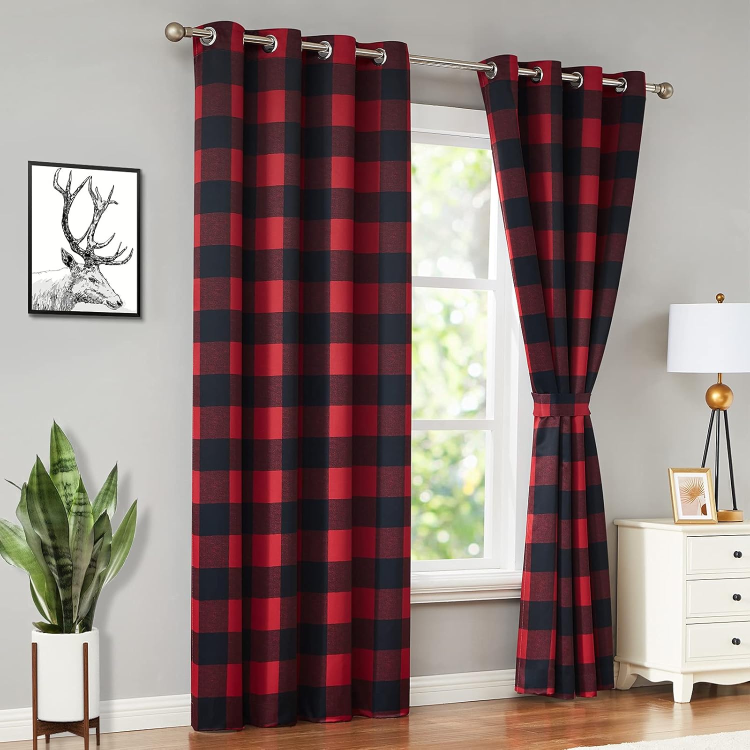 Melodieux Cortinas opacas a cuadros de búfalo de 63 pulgadas de largo para dormitorio, sala de estar, cortinas con ojales para oscurecer la