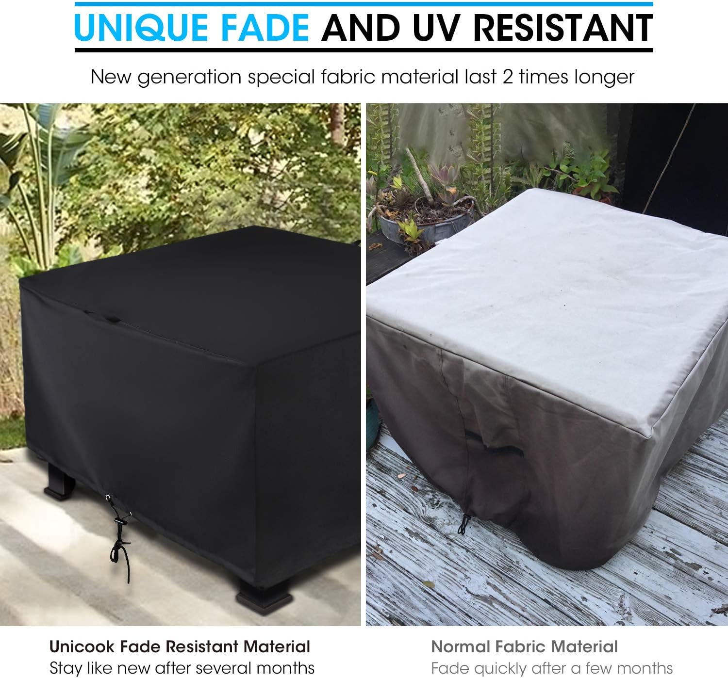 Unicook Funda cuadrada para hoguera de 38 pulgadas, resistente e impermeable, cubierta para fogata al aire libre con cordón y asas, material