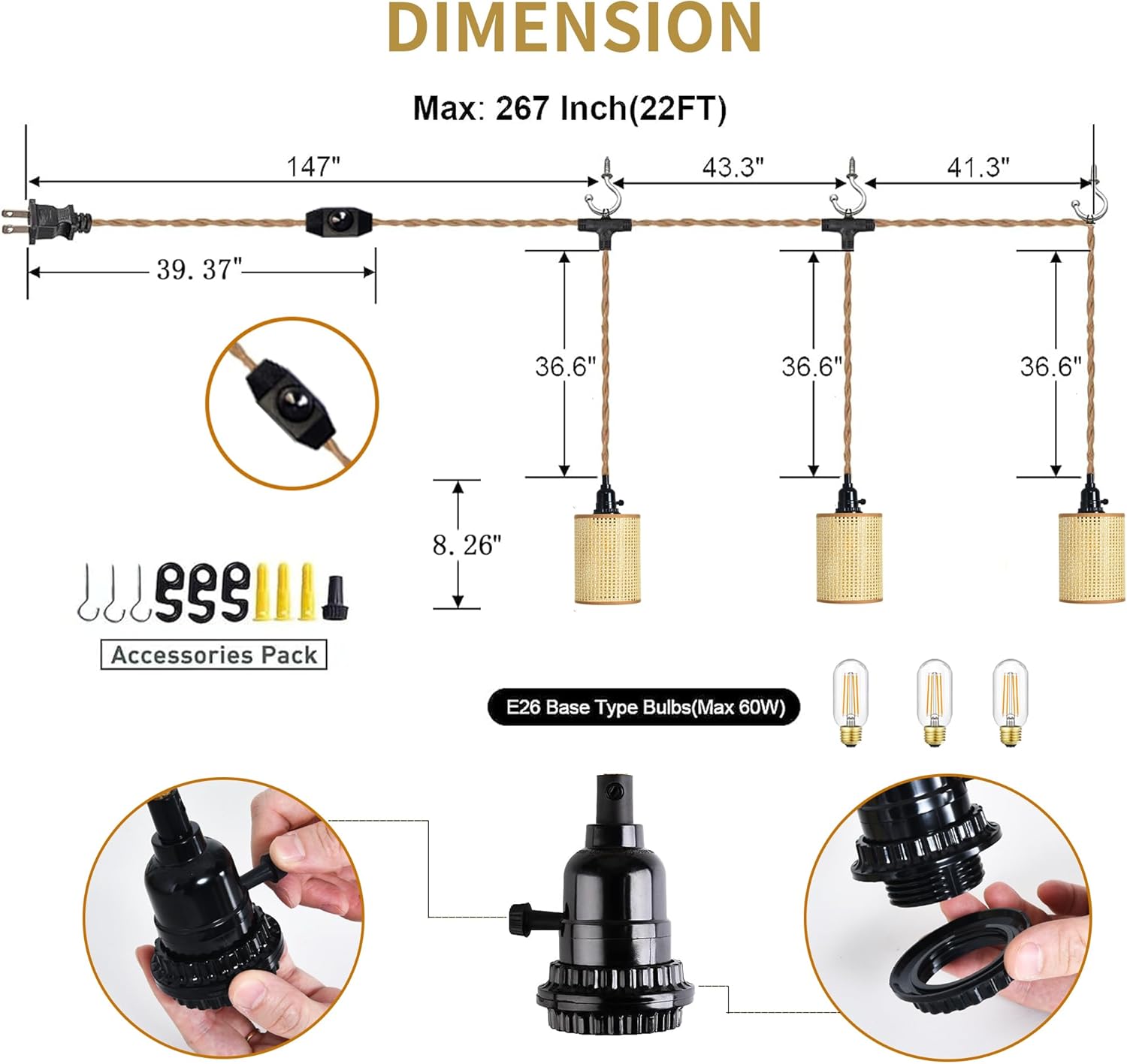 Cable de 3 luces colgantes enchufables, kit de lámpara colgante con interruptor regulable, cuerda de cáñamo de 22 pies, luz colgante con cable de