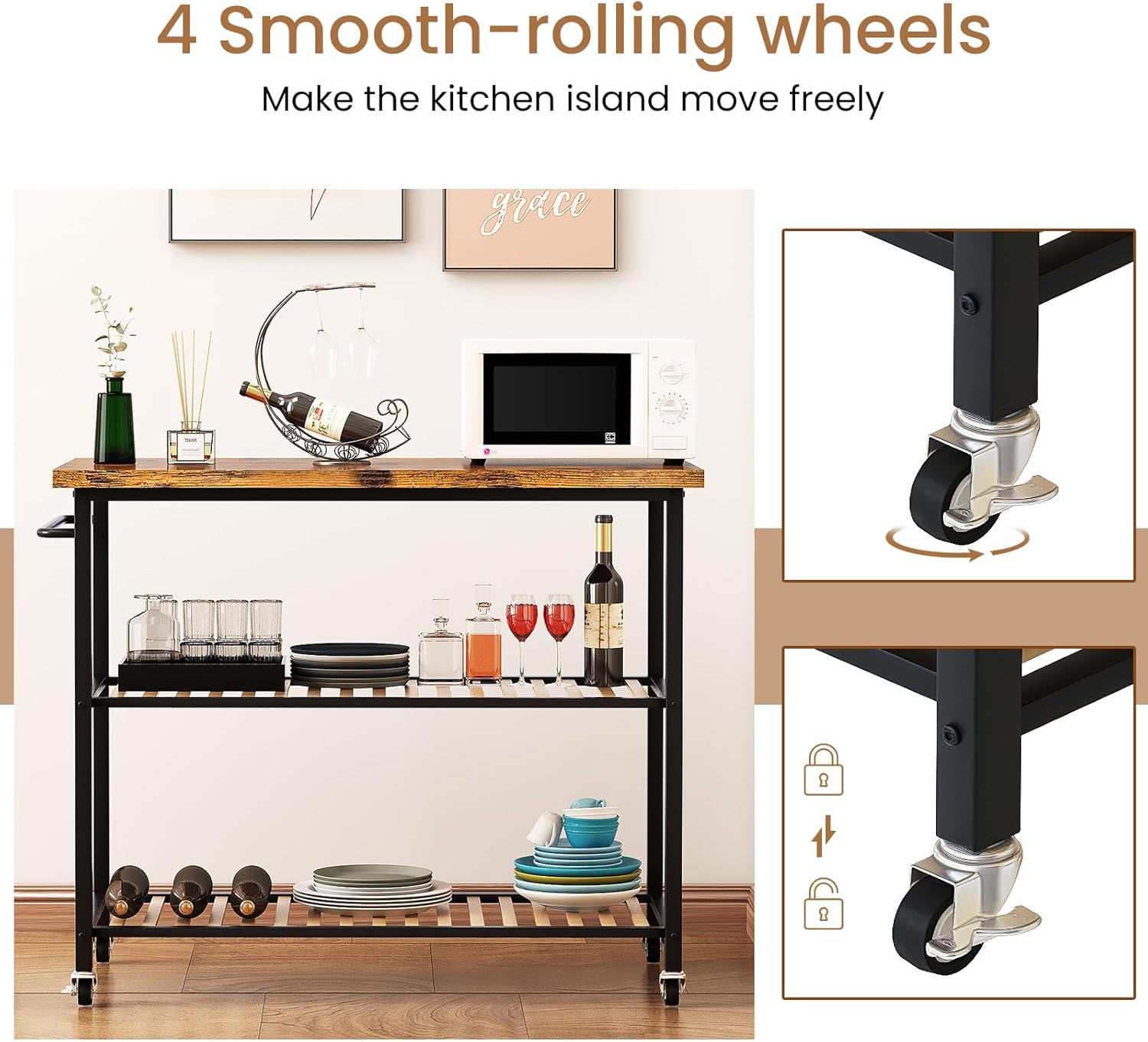 Hooseng Isla de cocina con almacenamiento, carrito de isla de cocina con 3 estantes, isla de cocina rodante, pequeña isla de cocina con marco de