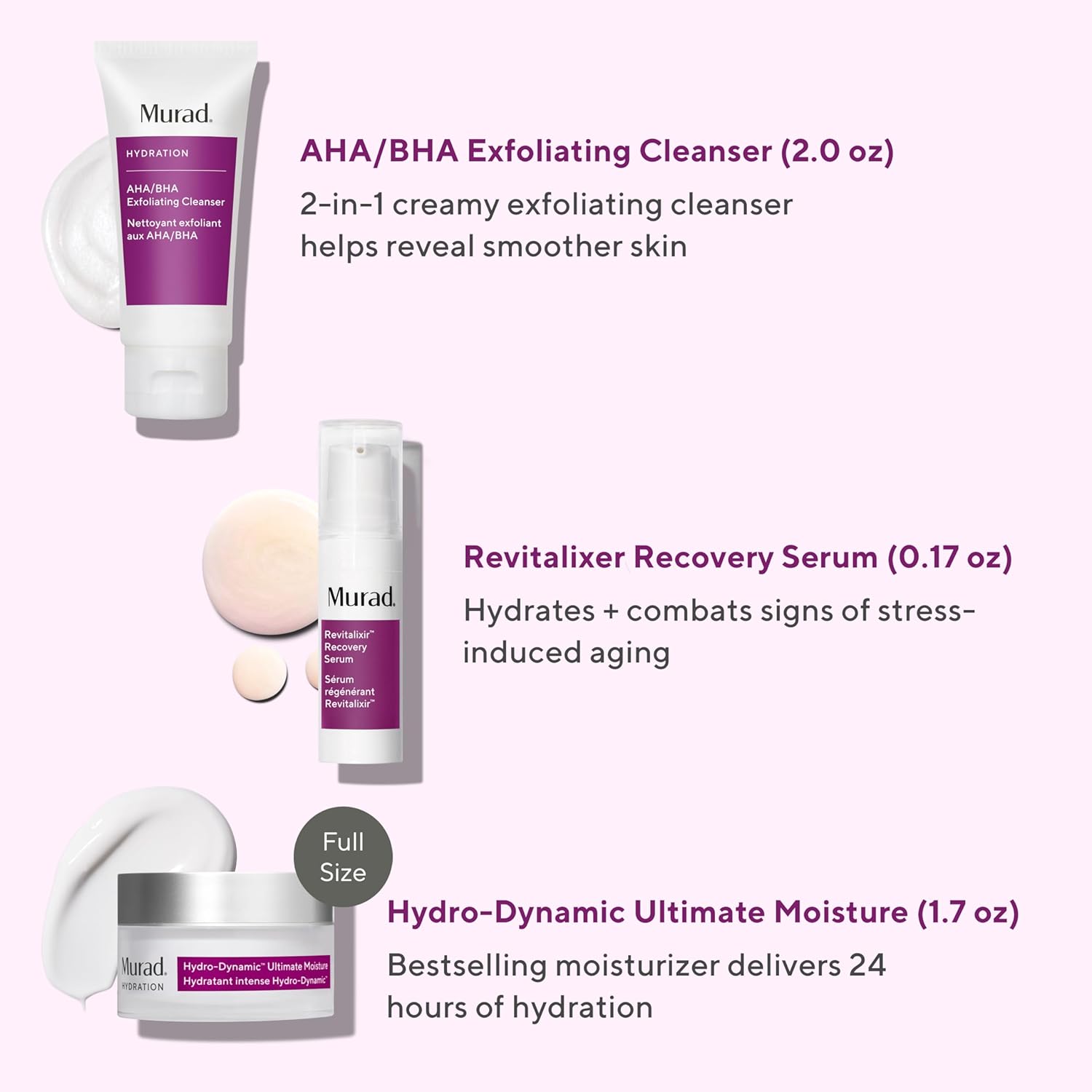 Murad The 24-Hour Hydrators – Juego de 3 piezas (valor de $112) – Limpiador facial AHABHA de 2 onzas, suero de recuperación Revitalixer de 0.17