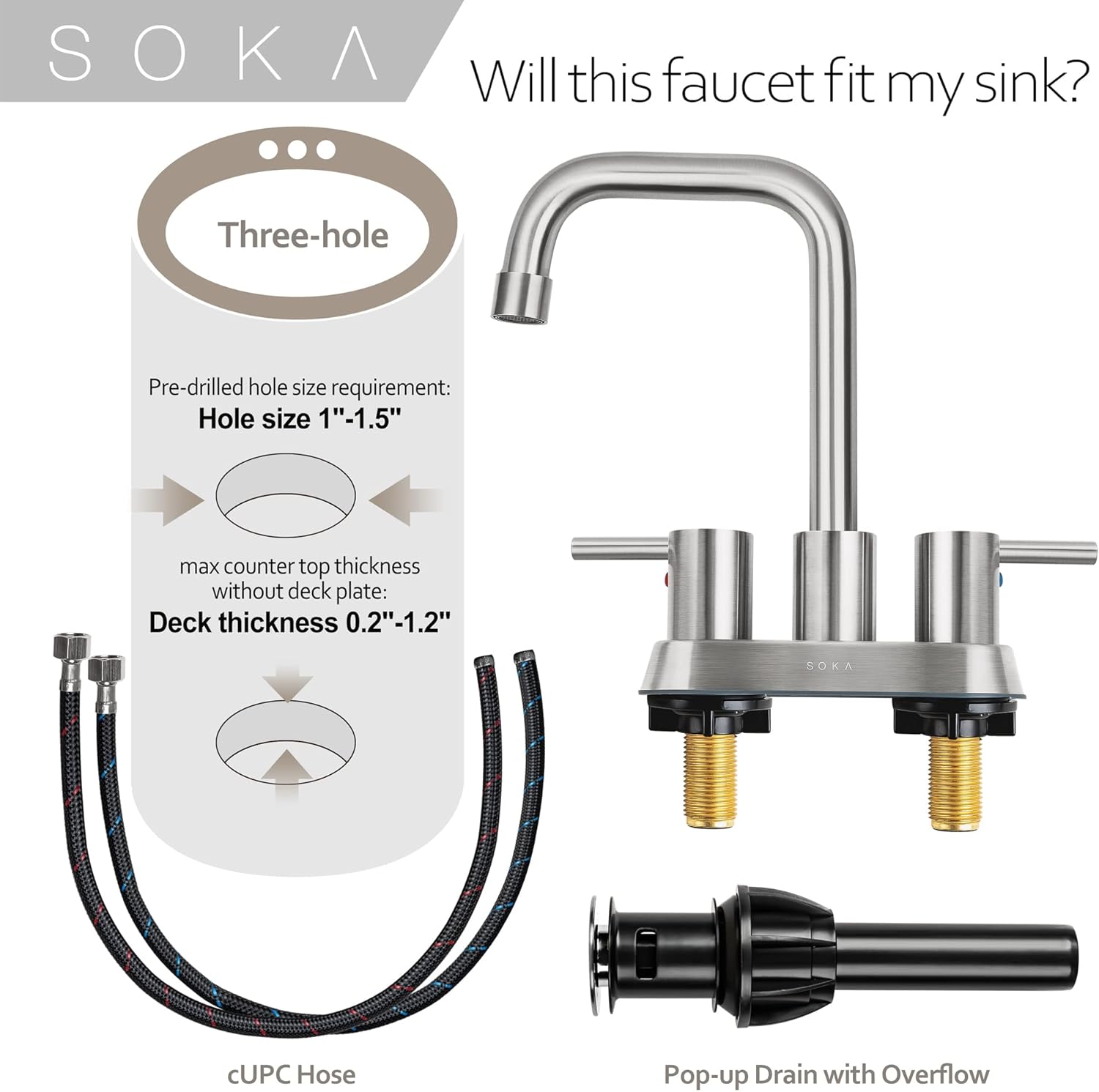 SOKA Centerset – Grifo de baño con 2 asas de 4 pulgadas, fregadero de mano comercial, grifo táctil de 3 agujeros, níquel cepillado, palanca L