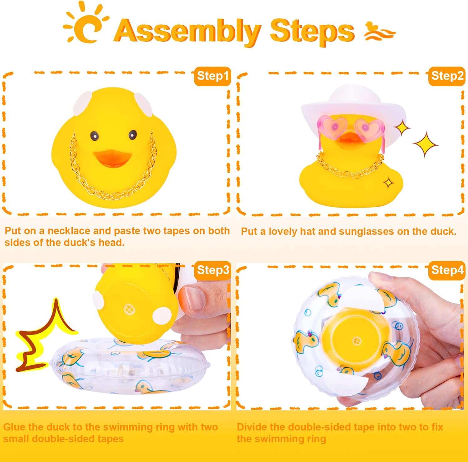 Adornos de pato amarillo para automóvil, decoración de tablero de automóvil con gafas de amor, mini anillo de natación, sombrero de sol, collar para
