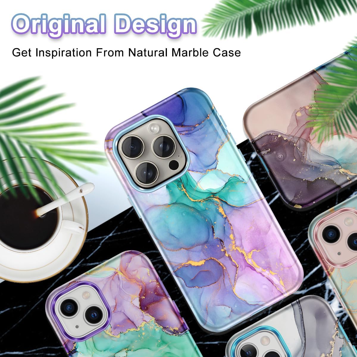 Btscase Funda para iPhone 15 Pro de 6.1 pulgadas (2023), patrón de mármol 3 en 1, resistente a prueba de golpes, cuerpo completo, policarbonato