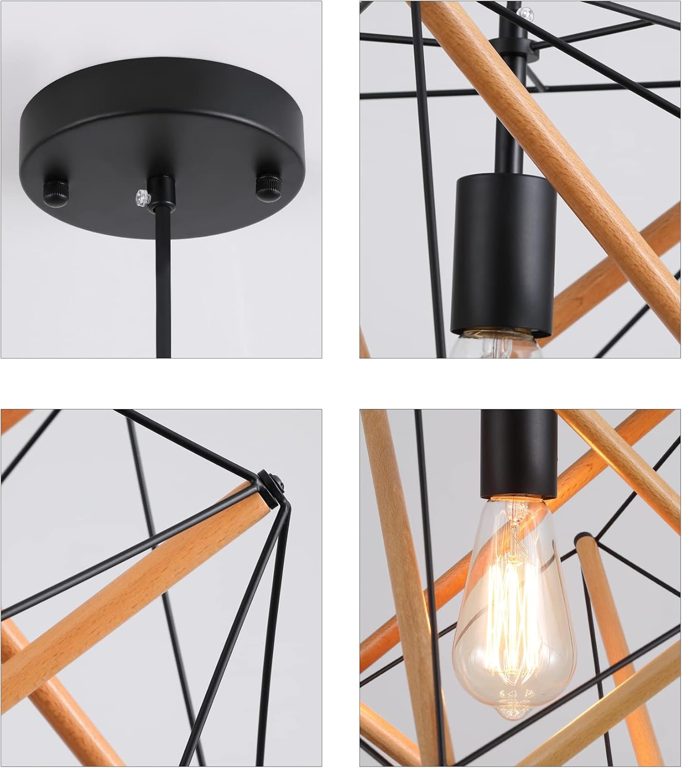 AMZASA Lámpara colgante geométrica negra Art Deco de metal y madera, moderna lámpara industrial para comedor, cocina, isla, centro de artes, estudio