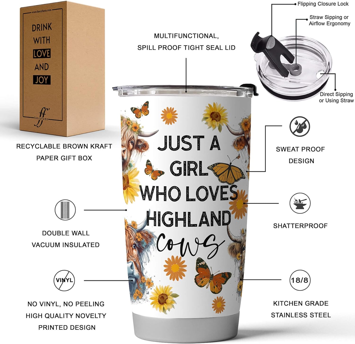 Vaso de vaca de 20 onzas, taza de acero inoxidable, regalos de vaca de las tierras altas, regalos de vaca para mujeres, regalos temáticos de vaca,