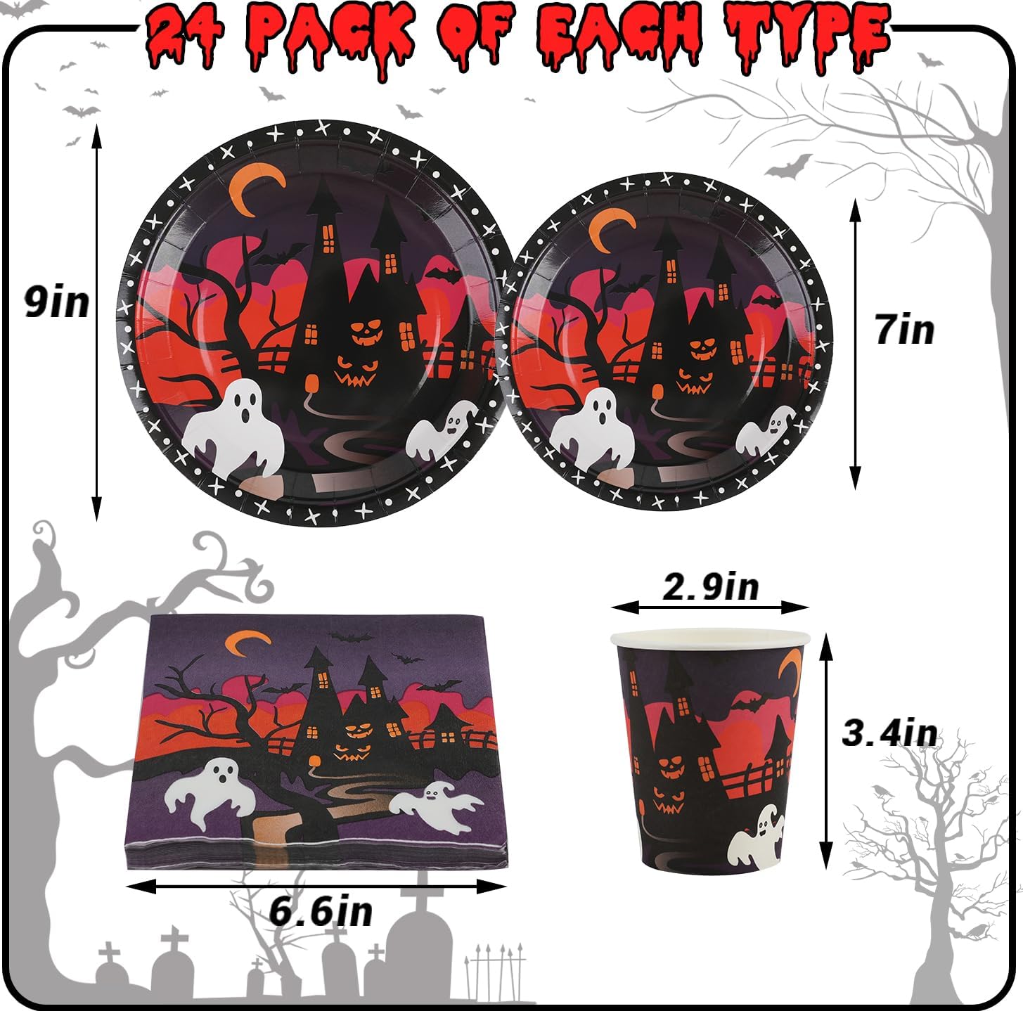 DIYASY Platos y servilletas de Halloween, suministros para fiesta, platos de papel y tazas, platos desechables para cena, platos de postre a granel,