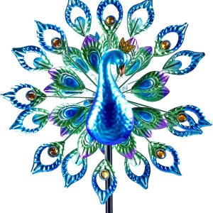 Molinillo de viento para exteriores, escultura de metal con energía solar, 15 pulgadas y 64 pulgadas de altura, cinético pavo real, bola de vidrio Molinillo de viento para exteriores, escultura de metal con energía solar, 15 pulgadas y 64 pulgadas de altura, cinético pavo real, bola de vidrio