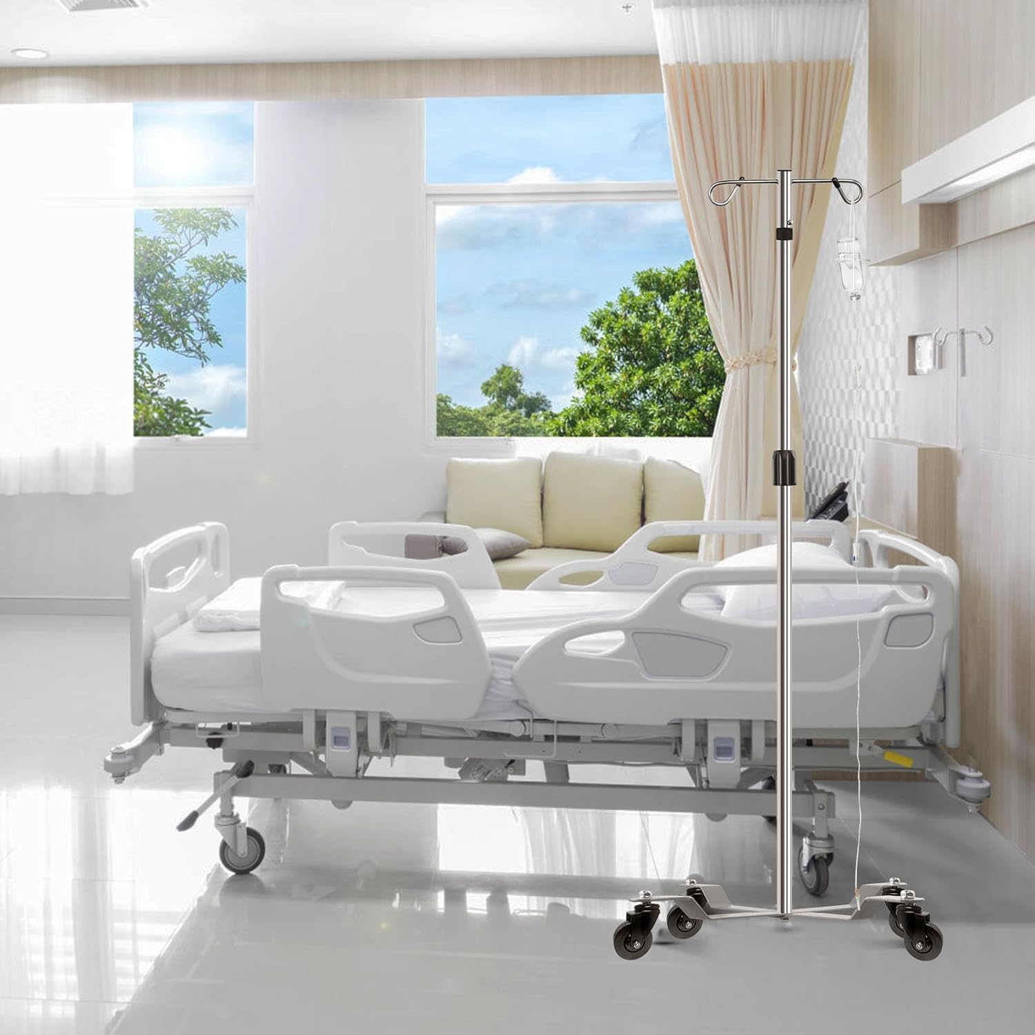 IV Postes IV Soportes 2 Ganchos 4 Patas Portátil Rodante con Acero Inoxidable Altura Ajustable 2PCS