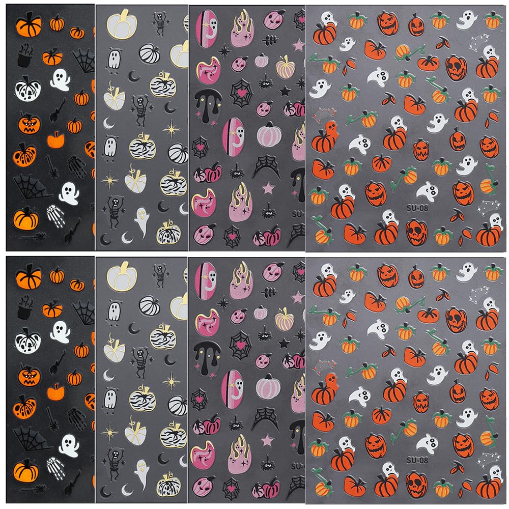 8 hojas de calcomanías de uñas de Halloween para arte de uñas, LPOODDNU de Halloween, calcomanías de uñas autoadhesivas 3D, suministros de arte de