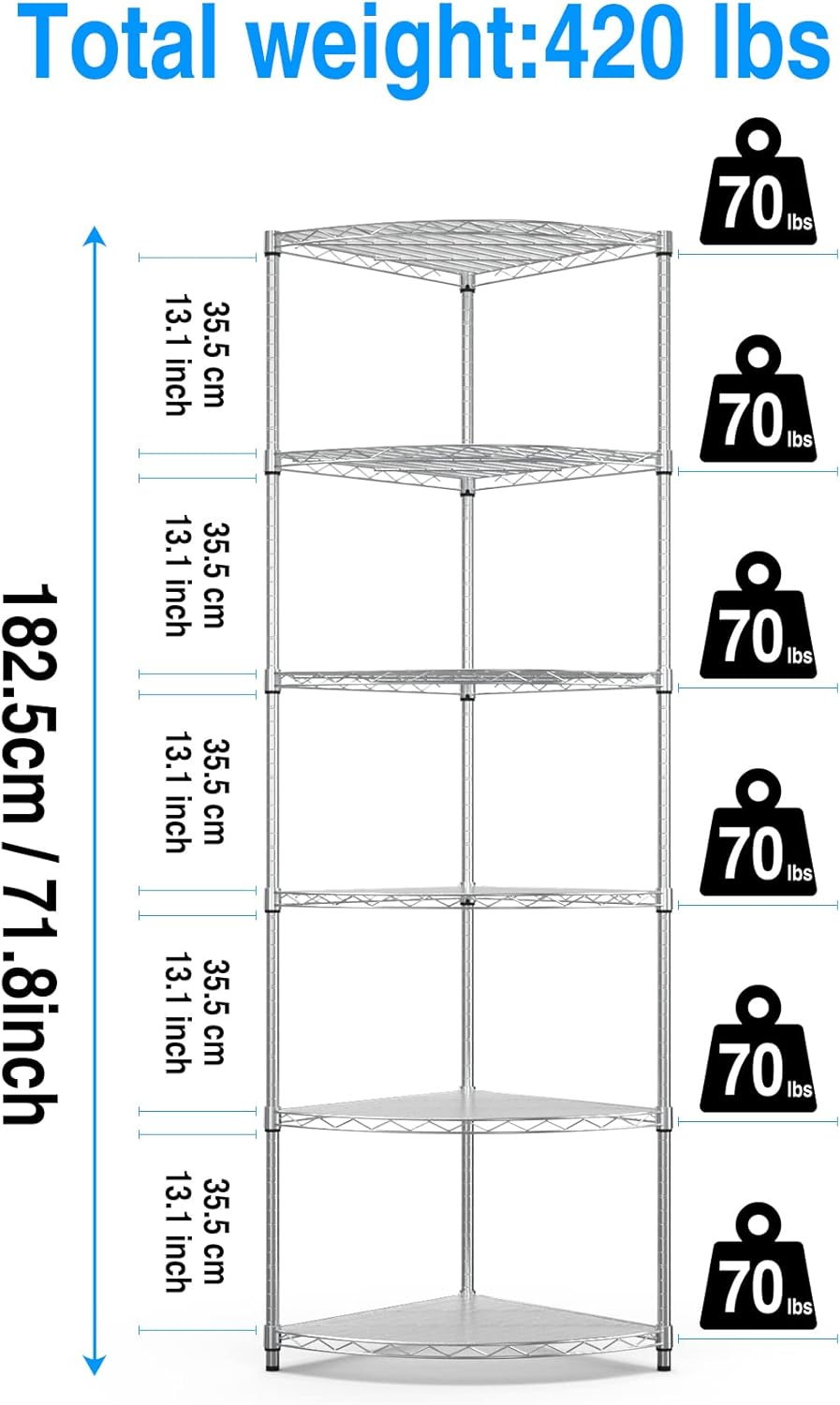 Estantería de alambre esquinero NSF de 6 niveles, 18 x 18 x 72 pulgadas, capacidad de 420 libras, estante de almacenamiento de metal ajustable