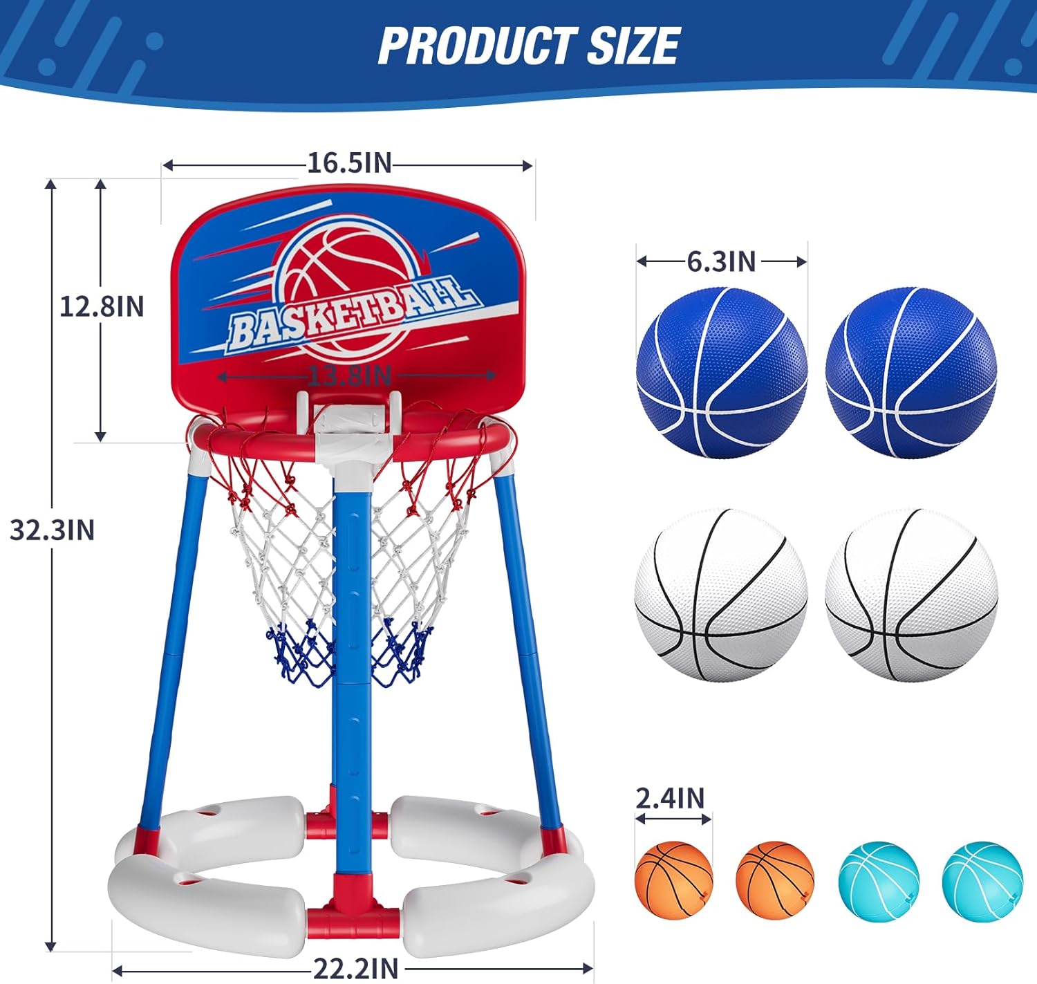 HYES Aro de baloncesto para piscina junto a la piscina con tablero, juguetes flotantes para piscina con 4 pelotas de baloncesto4 globos de