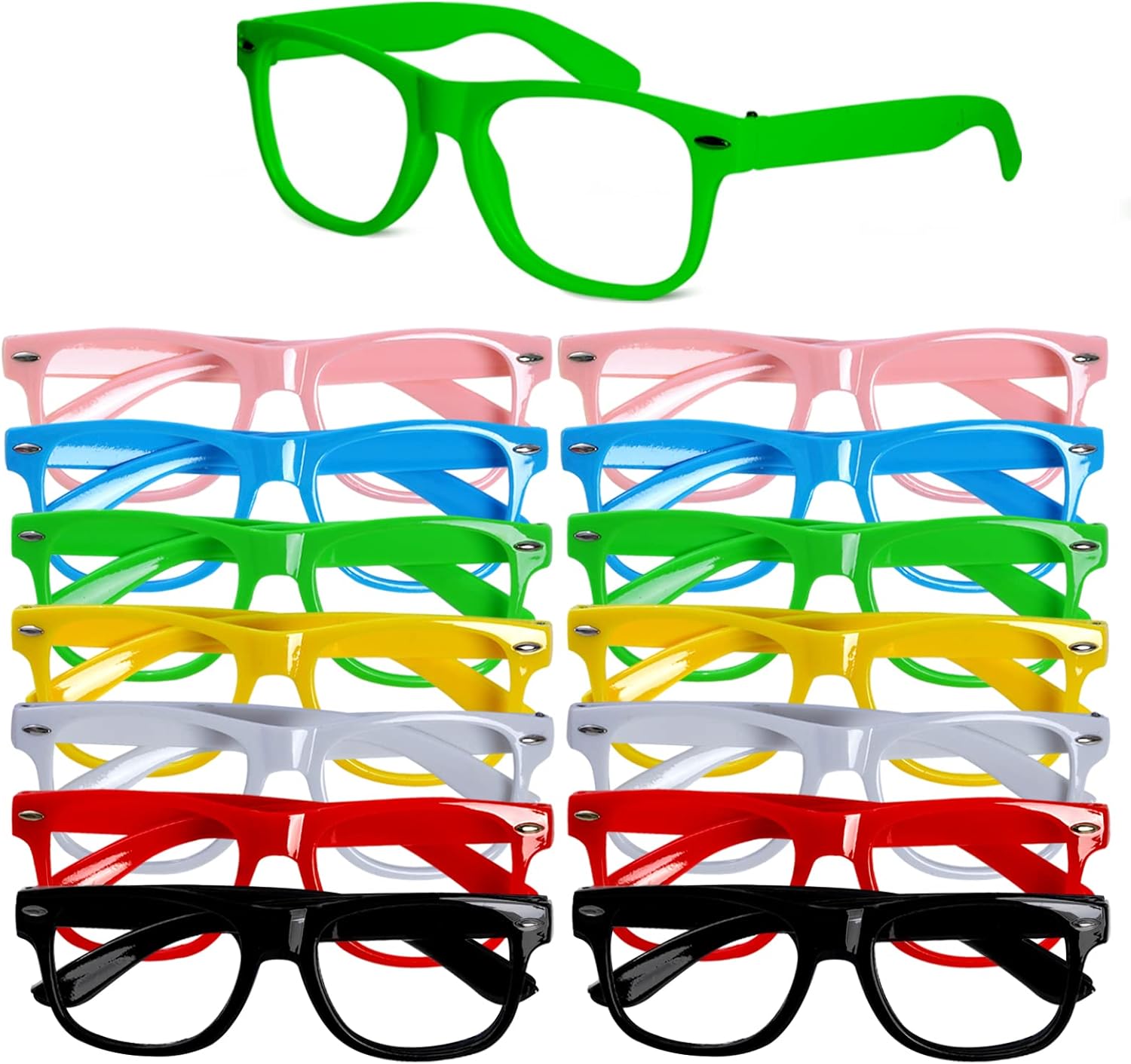 obmwang Paquete de 14 gafas de colores sin lente neón falsas gafas de disfraz para fiesta de cumpleaños, accesorios de atuendo diario
