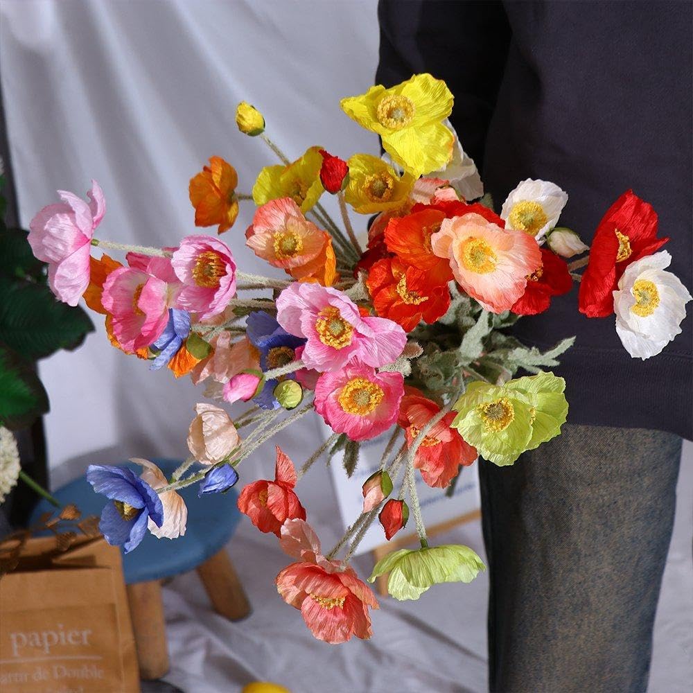 Flores artificiales de seda de amapola, arreglo floral de amapola artificial, flores de tallo largo de 22 pulgadas para decoración de boda, hogar,