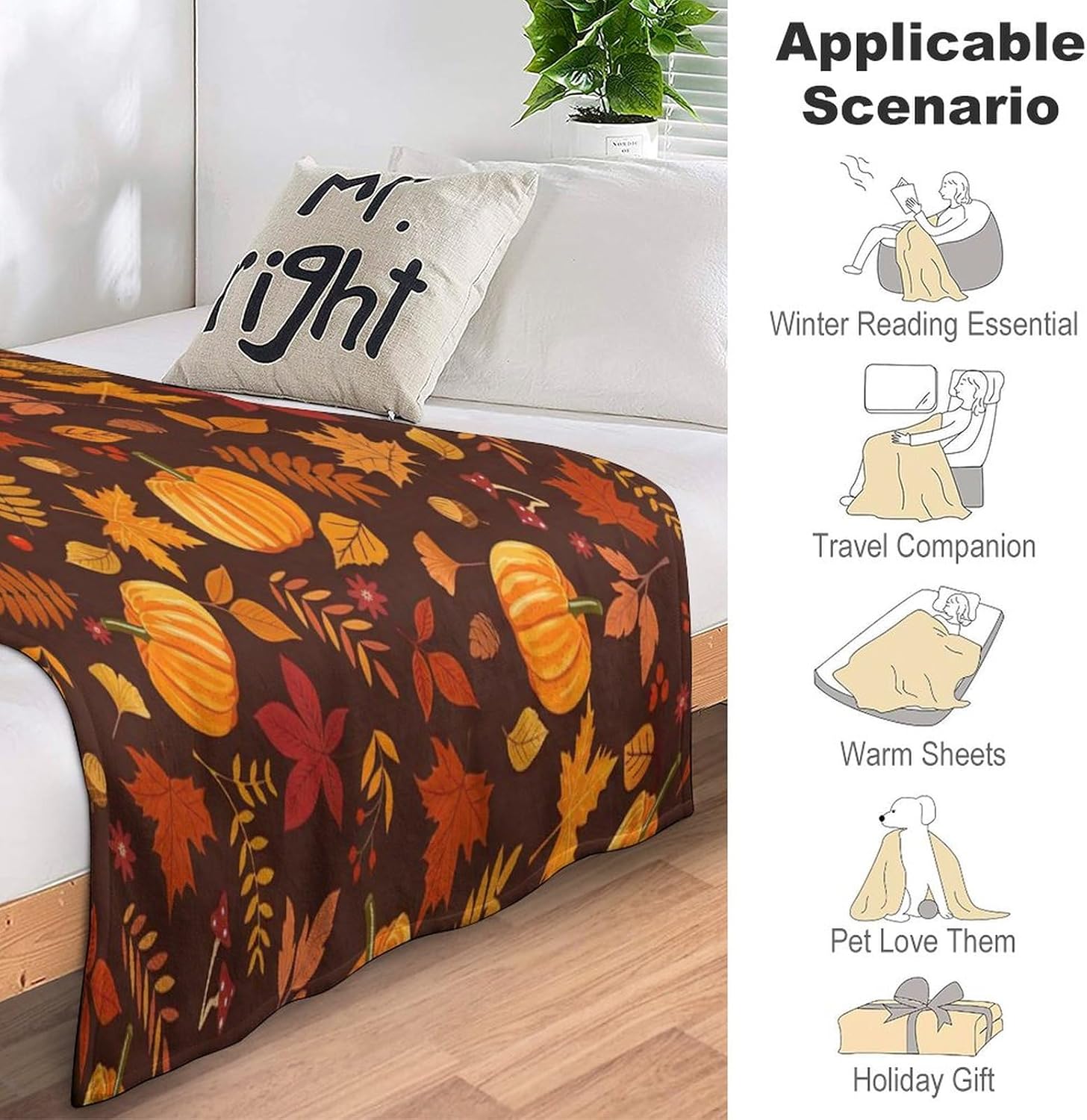 Manta suave de otoño con hojas de arce y calabaza, manta de franela para sala de estar, sofá, cama, silla, dormitorio, 50 x 60 pulgadas