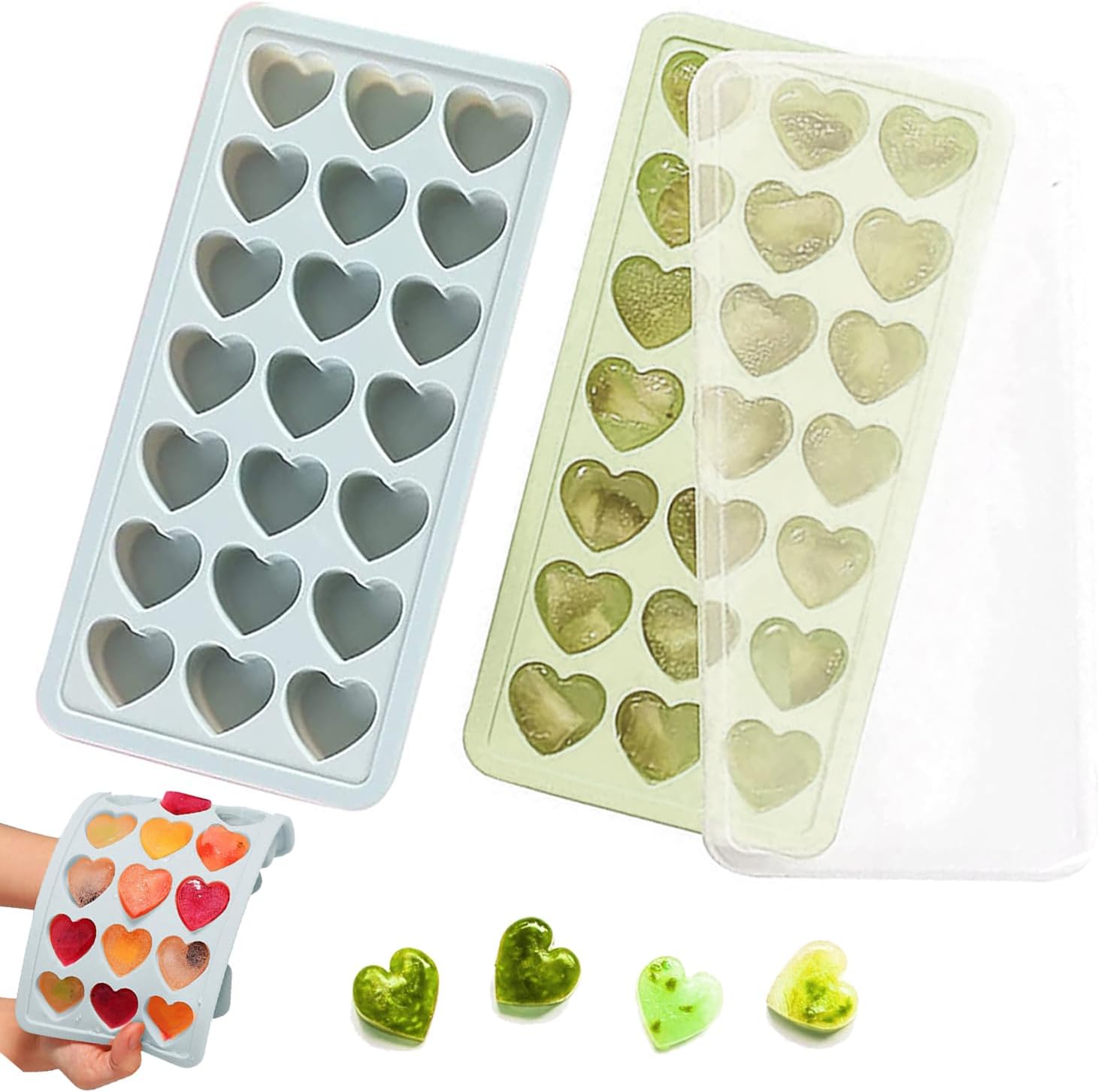 Paquete de 2 bandejas de cubitos de hielo con tapa con forma de corazón, moldes de hielo en forma de corazón, moldes de silicona de 42 agujeros para