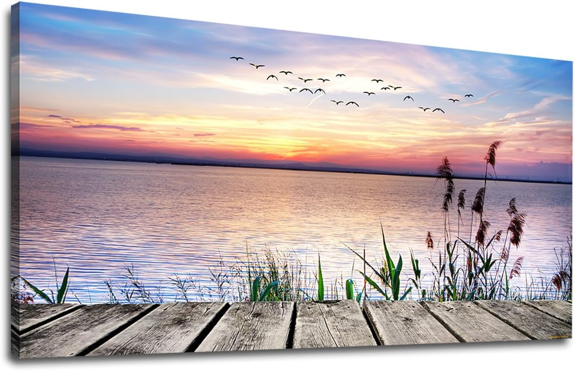 yearainn Lienzo decorativo para pared, lago, muelle, puesta de sol, paisaje con pájaros voladores, obra de arte de lienzo larga, ilustraciones