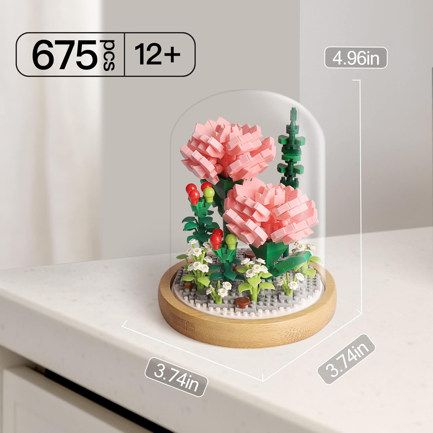 Juegos de construcción de ramos de flores, colección botánica de árbol bonsái de rosas rosadas con vitrina, mini kits de regalo para adultos,