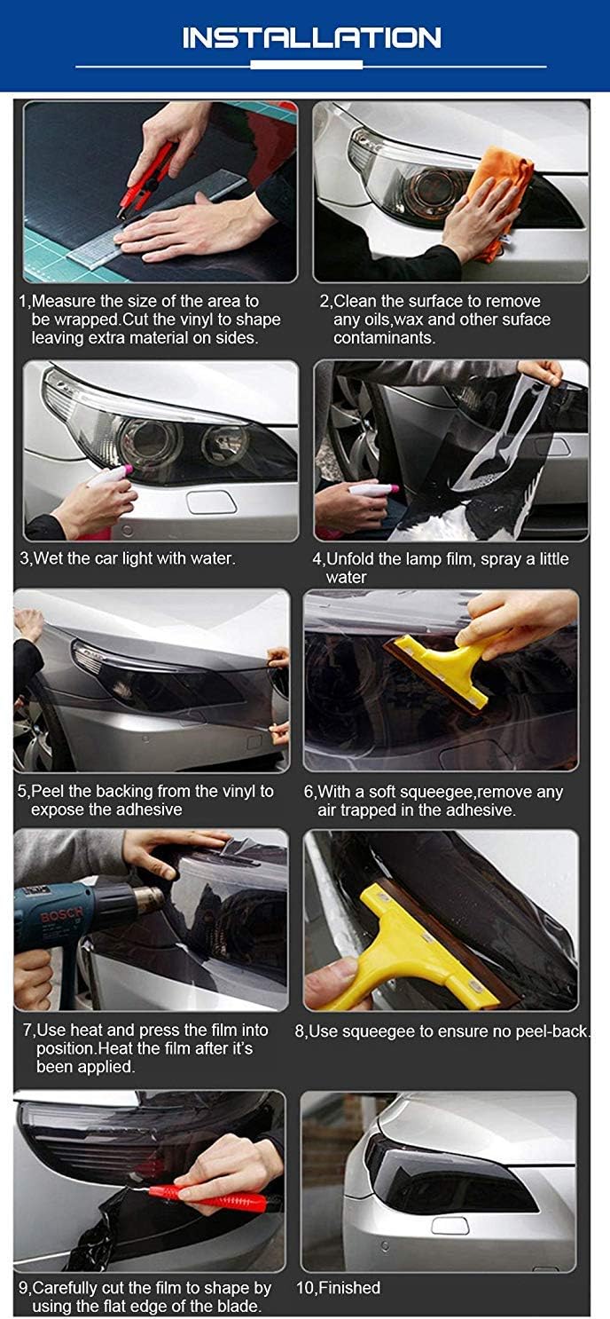 KOMAS Rollo de lámina de vinilo tintado de 12 x 48 pulgadas para faros delanteros de automóvil, luces traseras, luces antiniebla con escobilla de