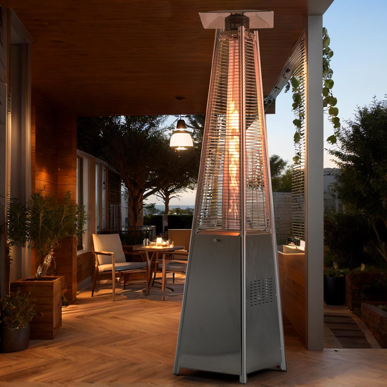 Calentador de propano, calentador de llama piramidal para patio al aire libre con ruedas y cubierta, calentador de propano portátil de 48000 BTU