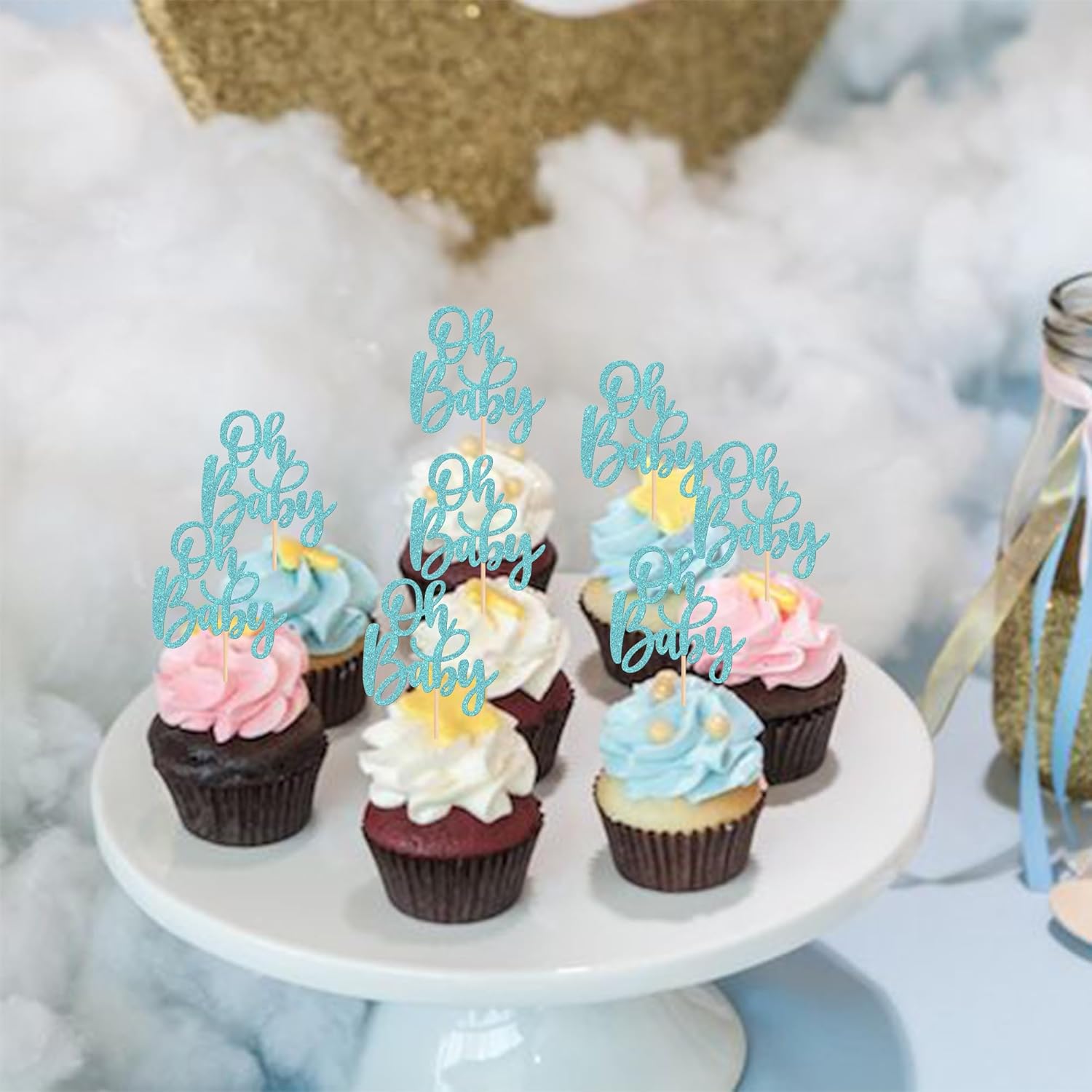 24 piezas Oh Baby Cupcake Toppers con purpurina para baby shower, para baby shower, niños y niñas, fiesta de cumpleaños, suministros de decoración