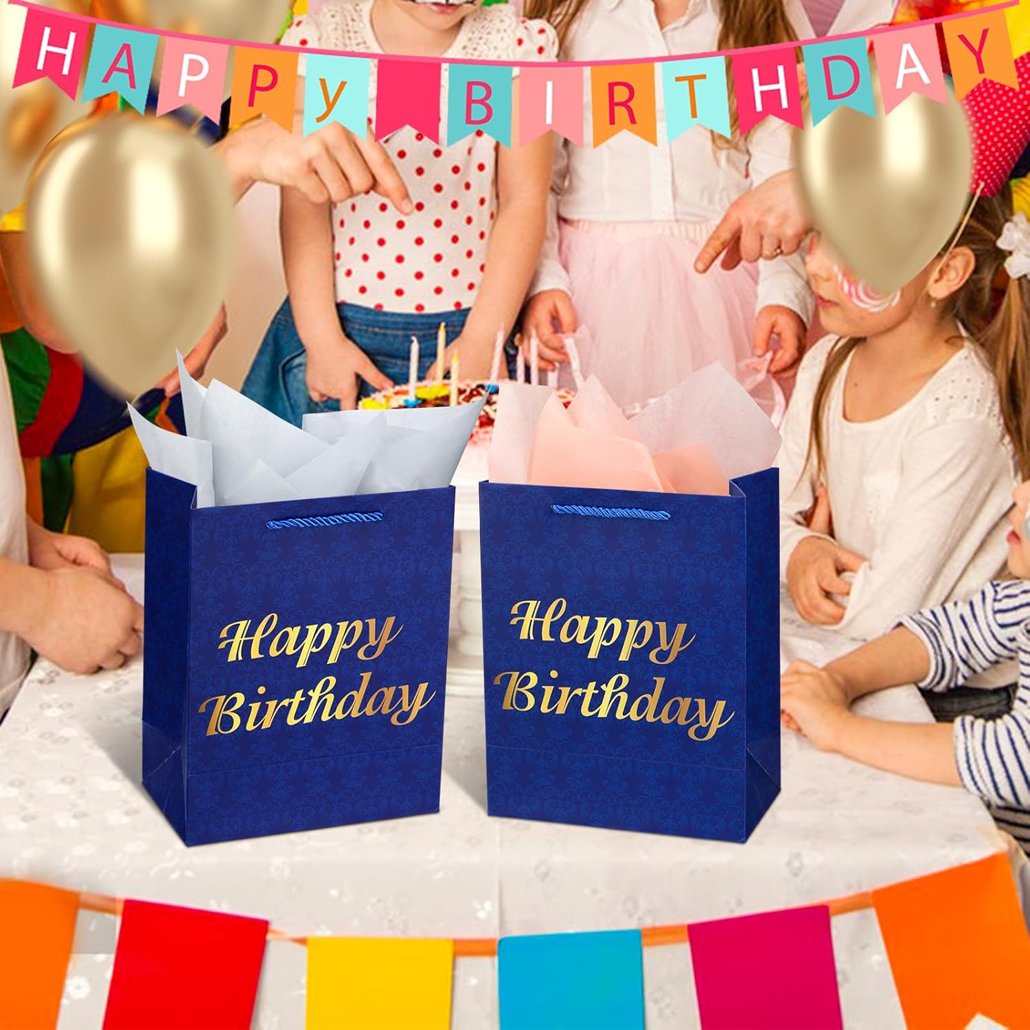 Bolsas de regalo de cumpleaños medianas de 9 pulgadas con papel de seda y tarjetas, paquete de 4 bolsas de regalo azules con asas para fiesta de