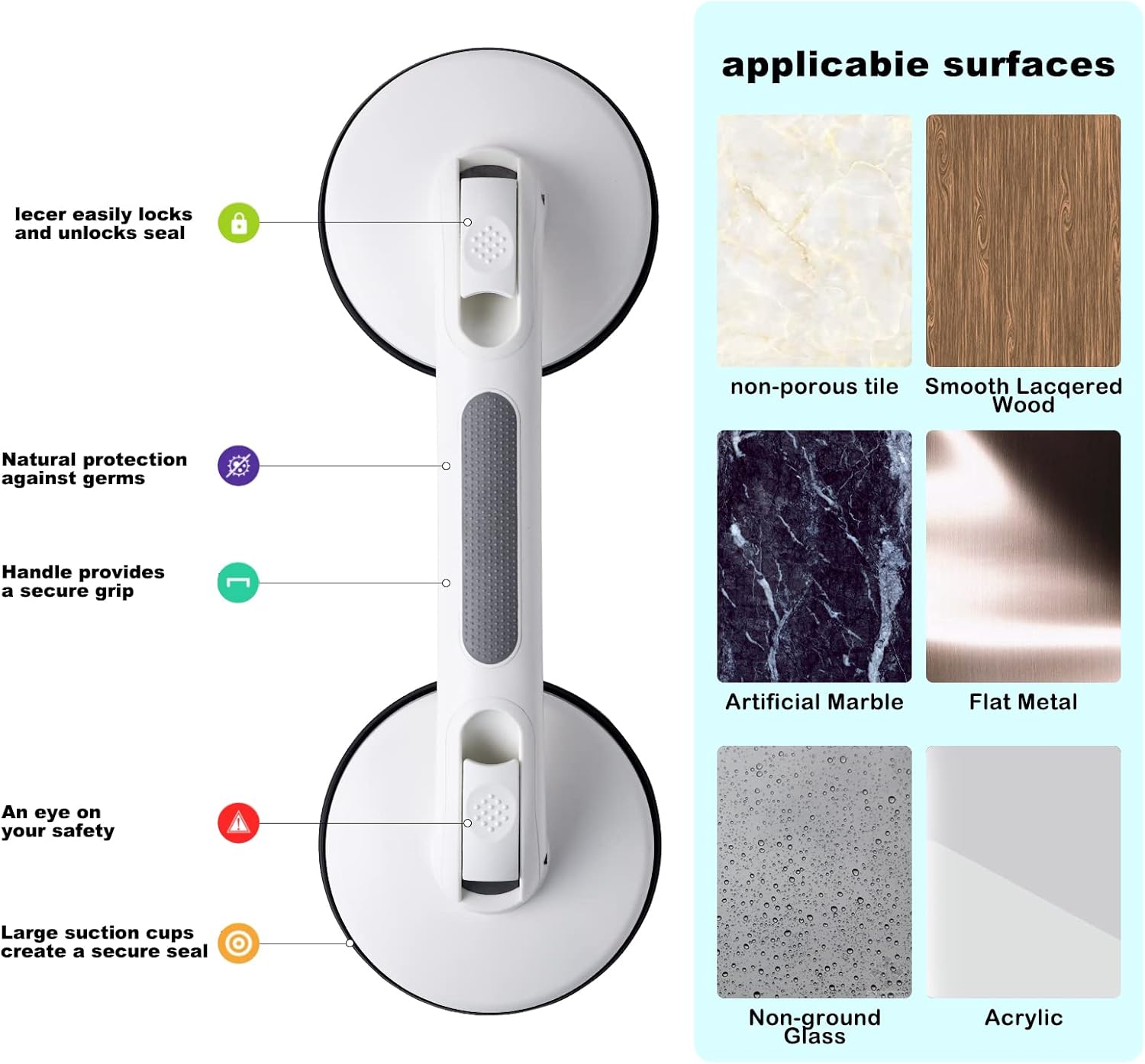 Barra de agarre para ducha para tinas y duchas, agarre fuerte con ventosa, mango de baño, barras de agarre resistentes para discapacitados,