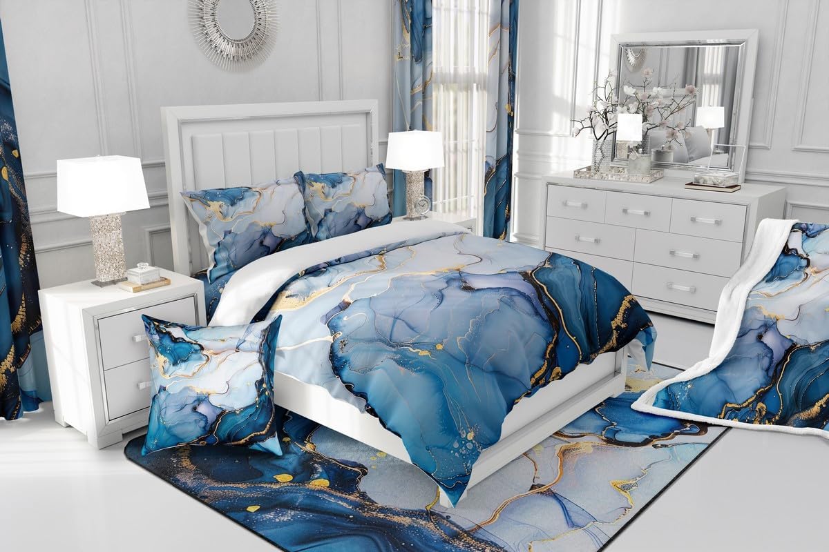 Erosebridal Juego de ropa de cama de mármol líquido azul aguamarina, funda de edredón con estampado de mármol con patrón de mármol abstracto, juego