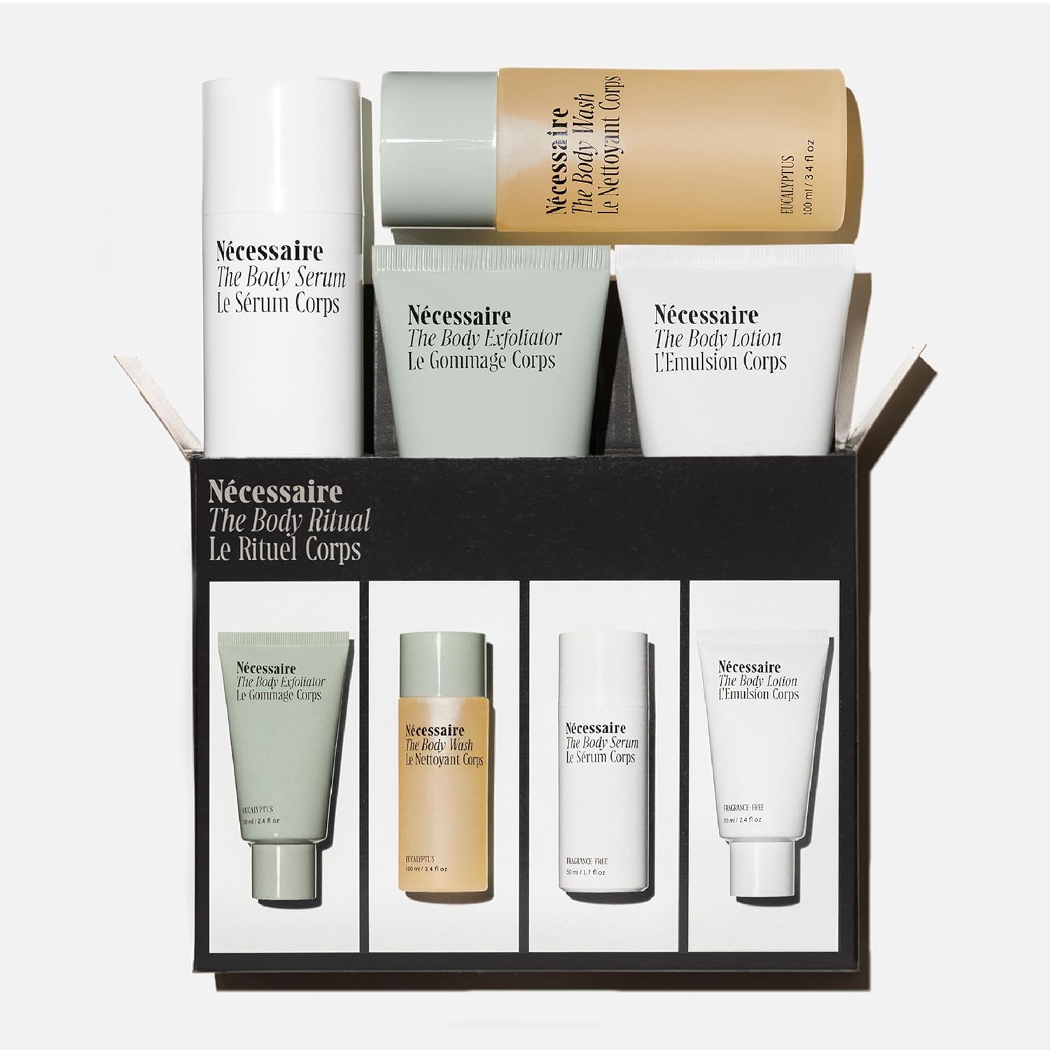 Nécessaire The Body Ritual Set. 4 x tamaño de viaje. Suave, repone, firme, hidrata con AHABHAPHA, ácido hialurónico, péptidos, niacinamida. Probado
