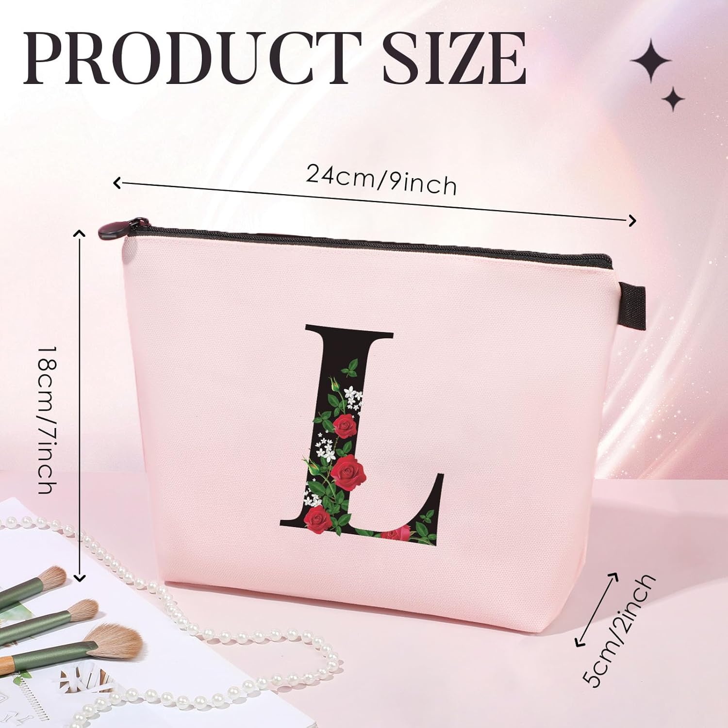 Bolsa de maquillaje con letra L inicial para mujeres y niñas, bolsa de cosméticos con monograma rosa, bolsa de aseo personalizada, regalo del día de