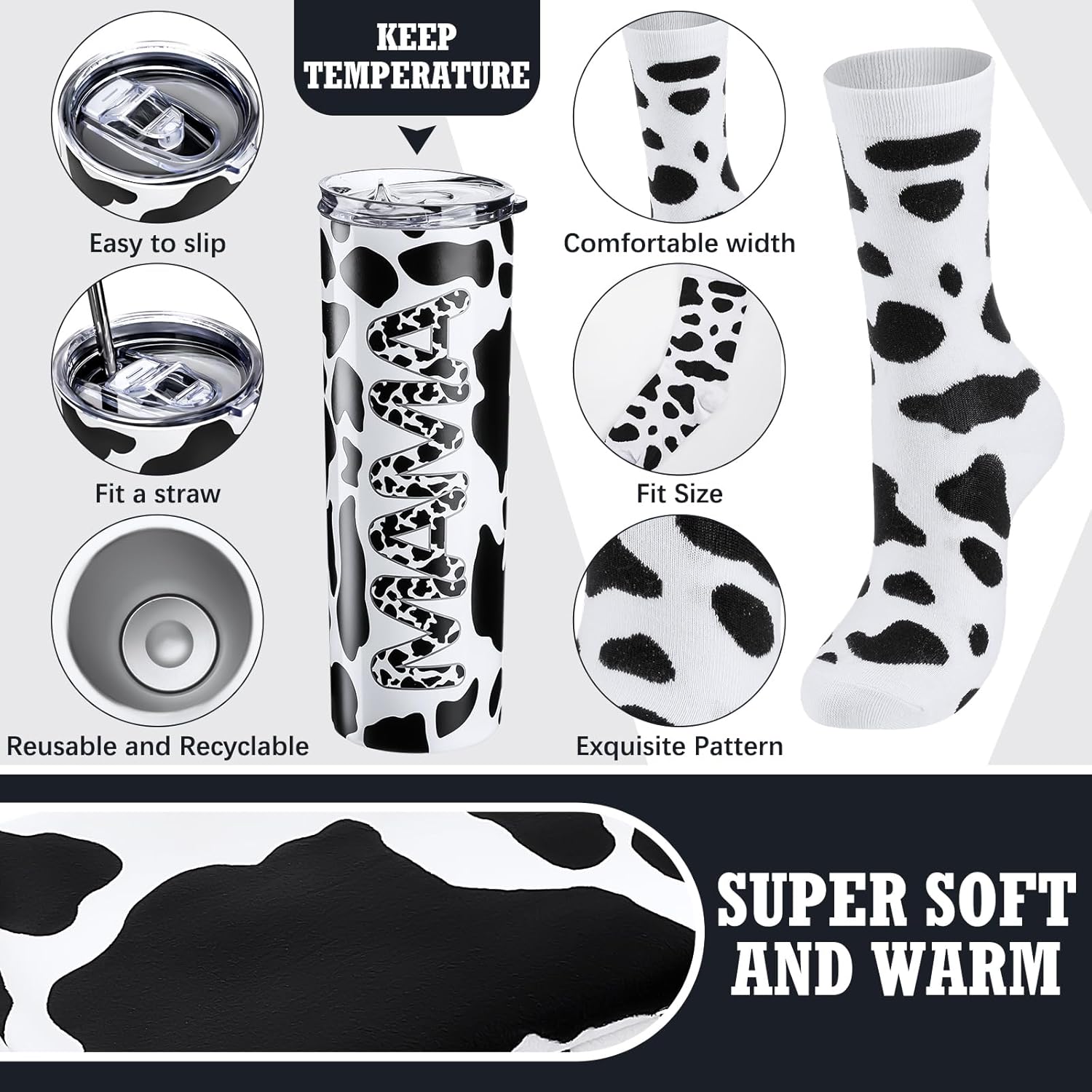 Juego de 5 regalos de vaca para mujeres y madres, incluyendo vaso de acero inoxidable con patrón de vaca de 20 onzas con tapa, pajita, bolsa de mano