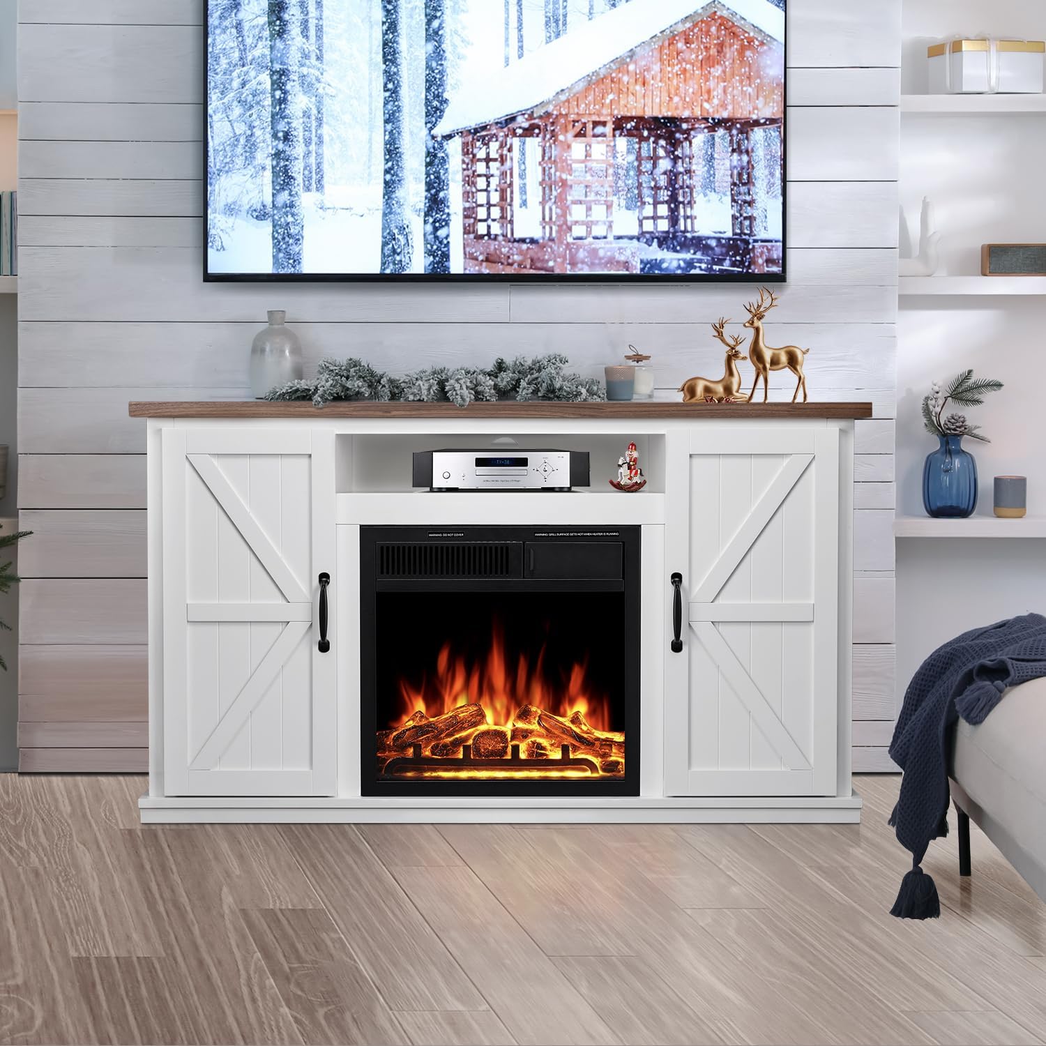 R.W.FLAME Soporte de TV con chimenea para TV de 50 pulgadas, moderno centro de entretenimiento con chimenea eléctrica de 20 pulgadas, consola de TV
