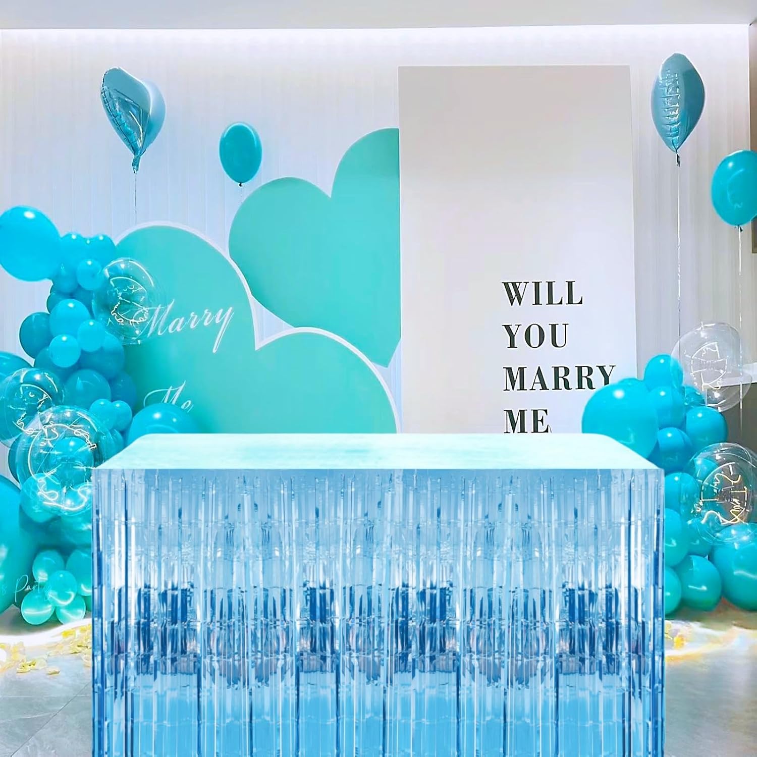 Paquete de 2 guirnaldas de falda de mesa con flecos de papel de aluminio azul claro amplio, decoración de fiesta para cumpleaños, niños, océano bajo