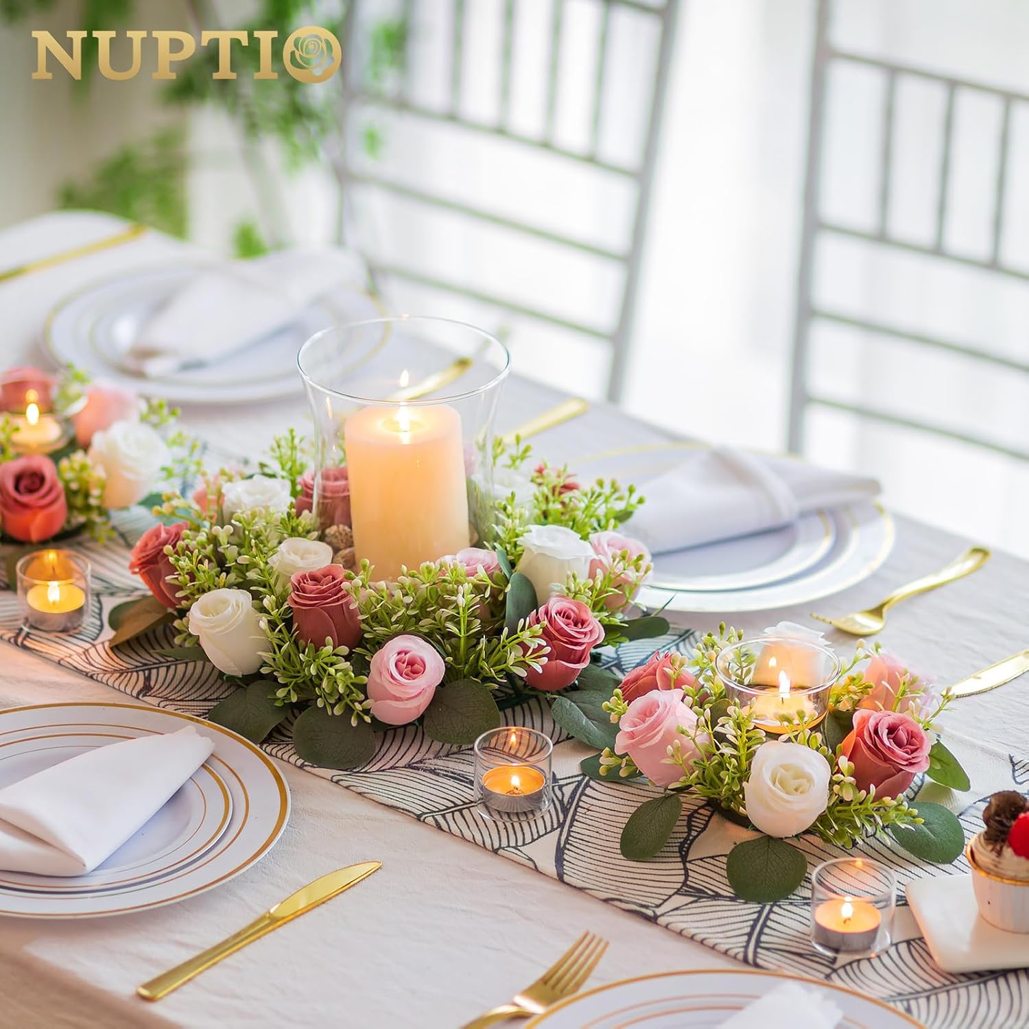 Centros de mesa de flores NUPTIO para mesa de boda 10 piezas de 14 pulgadas de diámetro, coronas grandes de flores artificiales rosa polvoriento y