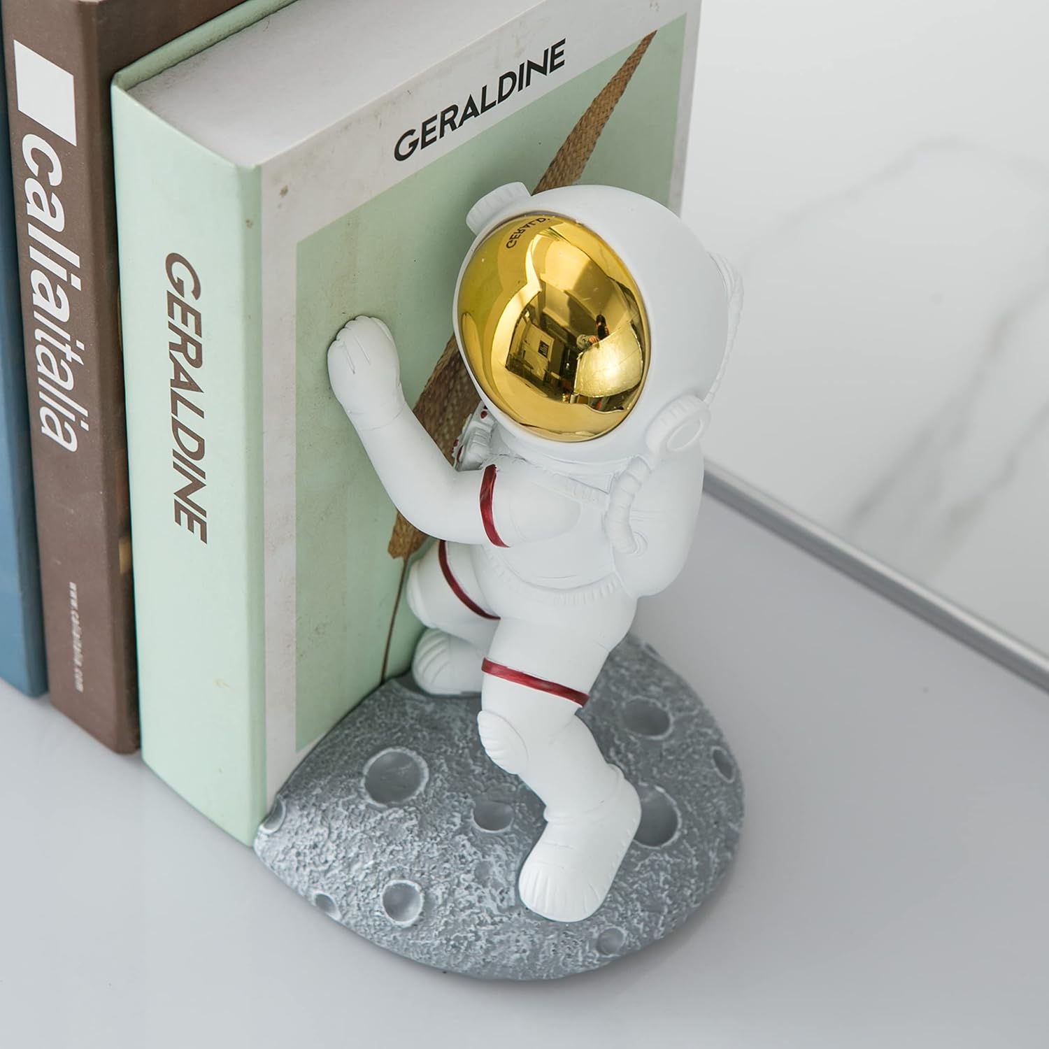 Sujetalibros con temática espacial para estantes, extremos de libro de luna de astronauta para habitación de niños, tapones decorativos de planeta
