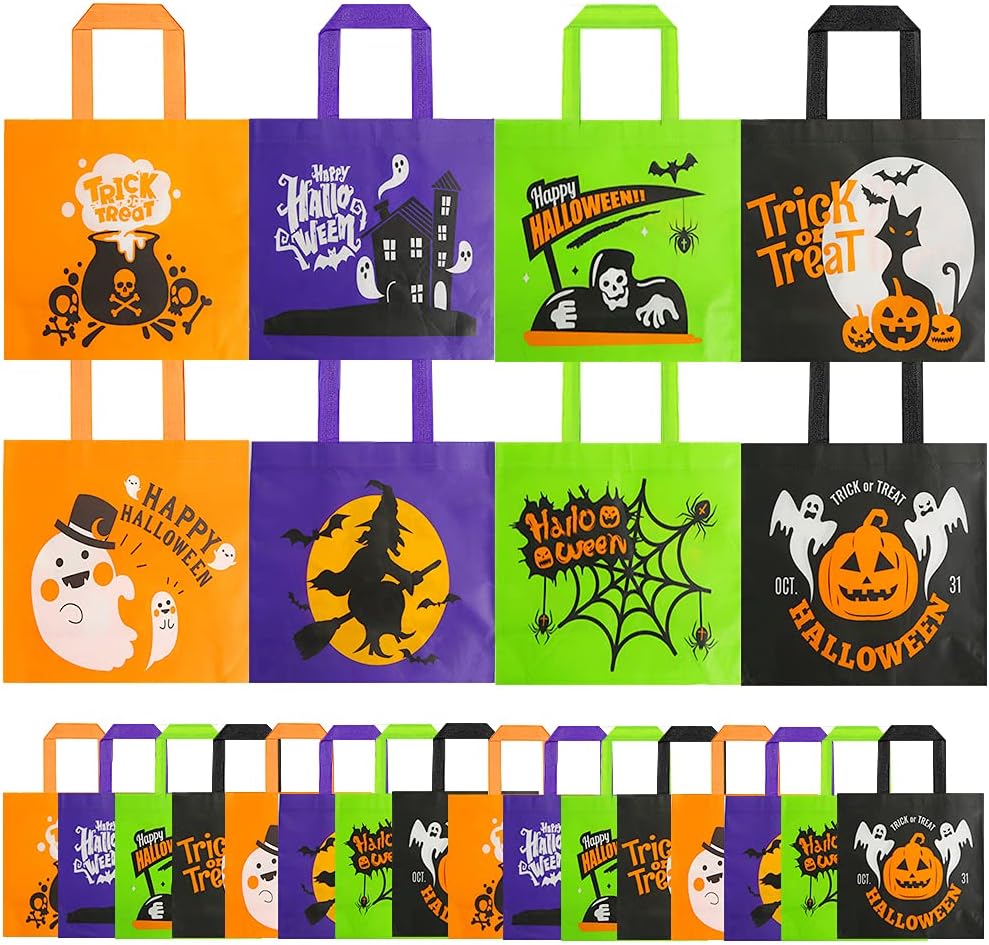 Shindel 24 bolsas de Halloween para dulce o truco, 13 x 10.2 pulgadas, grandes bolsas no tejidas para dulces y golosinas para niños, bolsas de