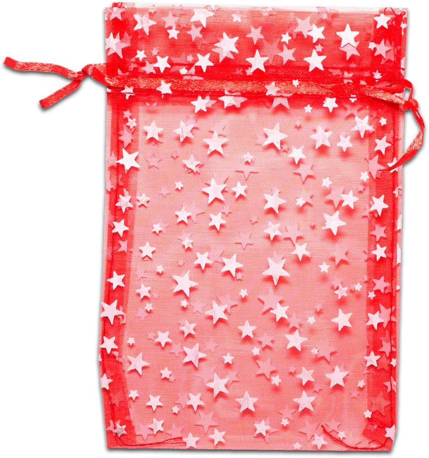The Display Guys – Paquete de 100 bolsas de regalo de organza transparente de 4 x 6 pulgadas con cordón (mediano), estrellas metálicas (rojoblanco)